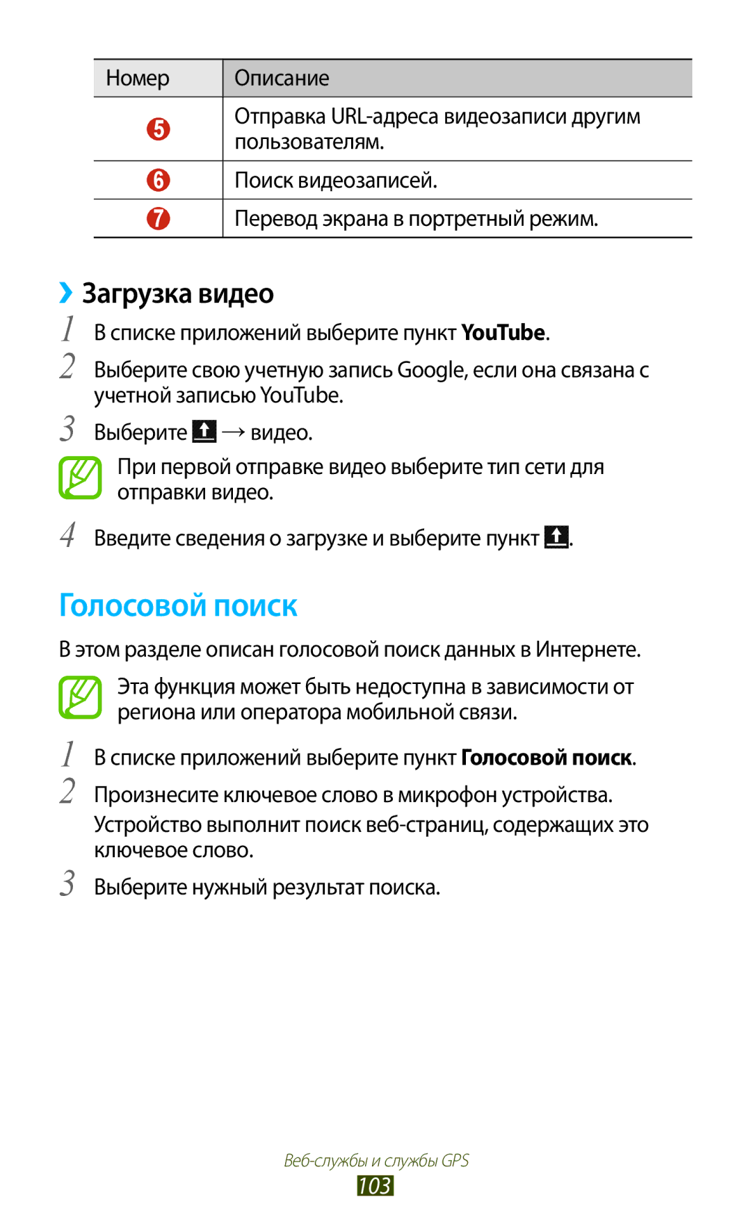 Samsung GT-I8160ZWASEB Голосовой поиск, ››Загрузка видео, 103, Этом разделе описан голосовой поиск данных в Интернете 