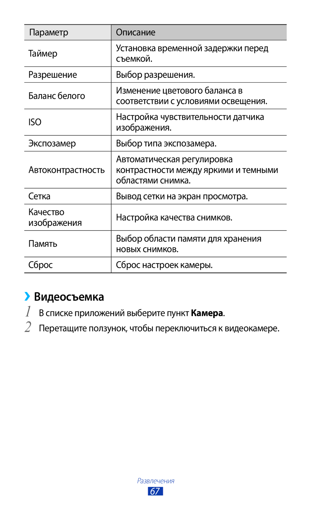 Samsung GT-I8160ZWASEB, GT-I8160OKASEB ››Видеосъемка, Настройка чувствительности датчика, Изображения, Областями снимка 