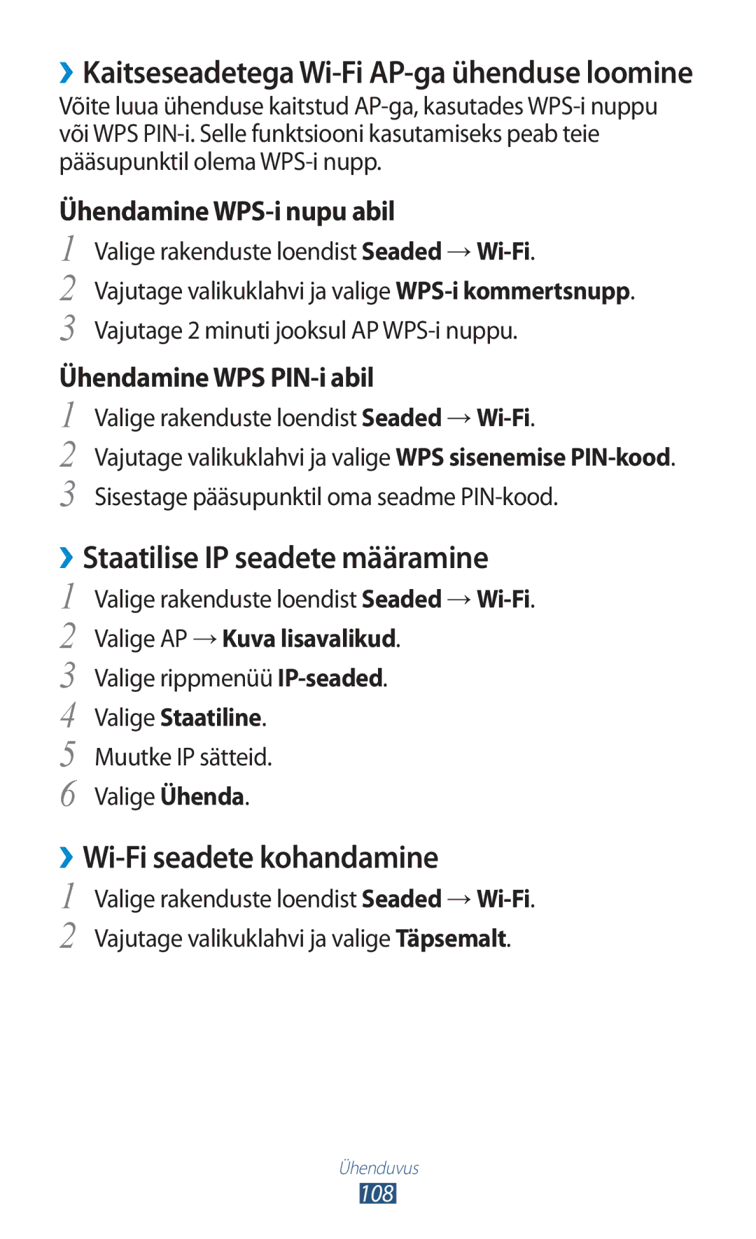 Samsung GT-I8160OKASEB manual ››Staatilise IP seadete määramine, ››Wi-Fi seadete kohandamine, Ühendamine WPS-i nupu abil 