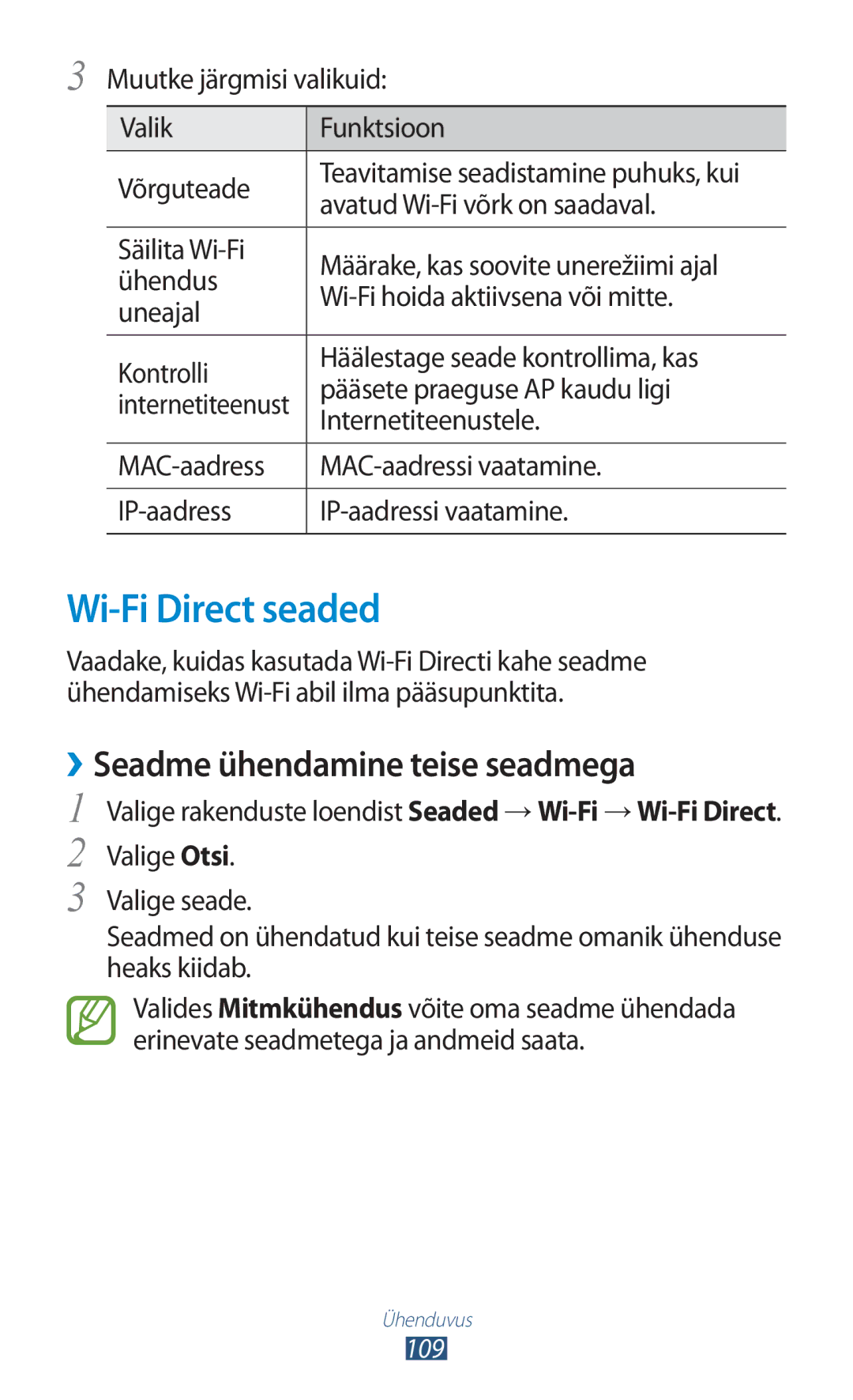 Samsung GT-I8160ZWASEB manual Wi-Fi Direct seaded, ››Seadme ühendamine teise seadmega, Avatud Wi-Fi võrk on saadaval 