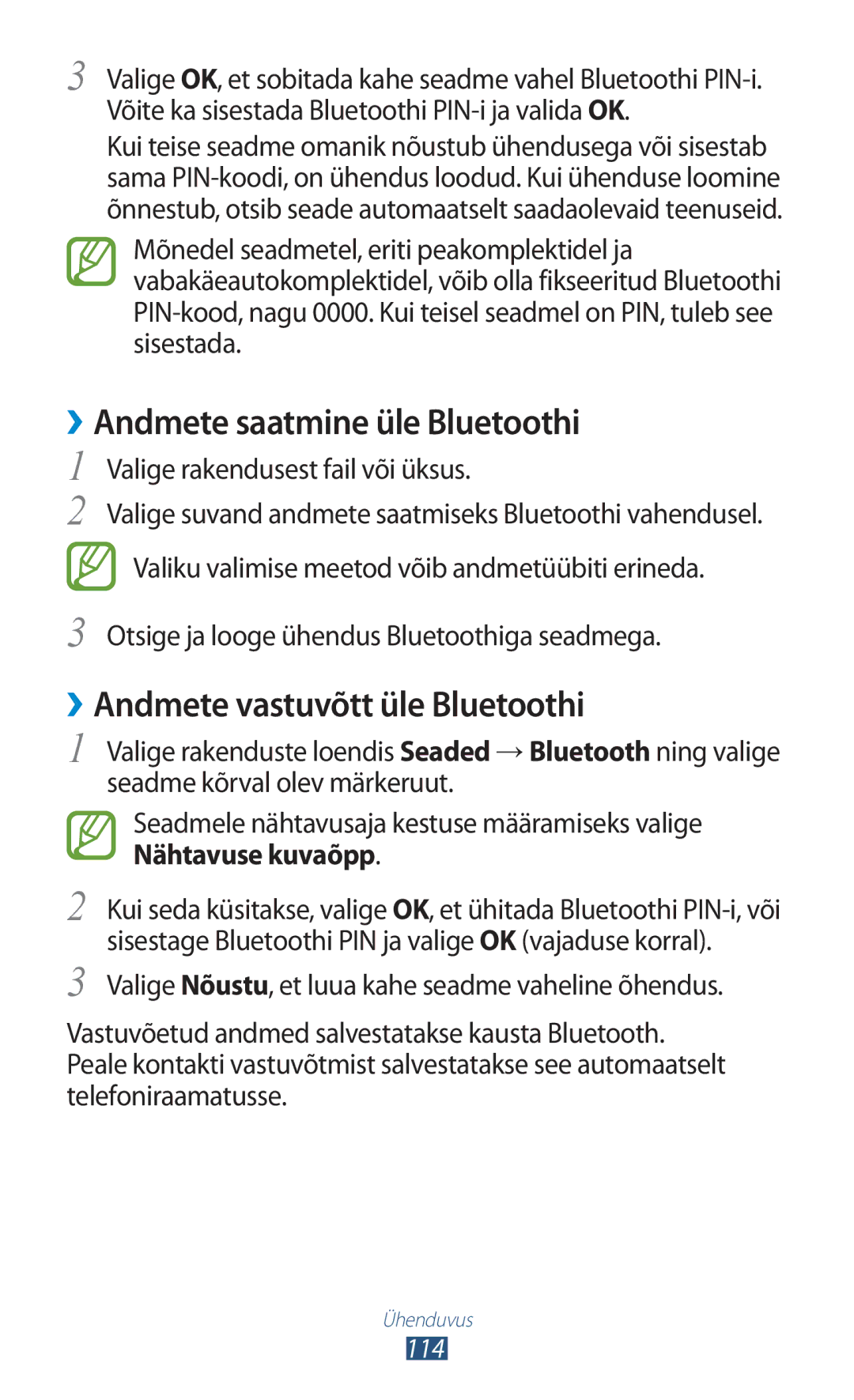 Samsung GT-I8160OKASEB, GT-I8160ZWASEB manual ››Andmete saatmine üle Bluetoothi, ››Andmete vastuvõtt üle Bluetoothi 