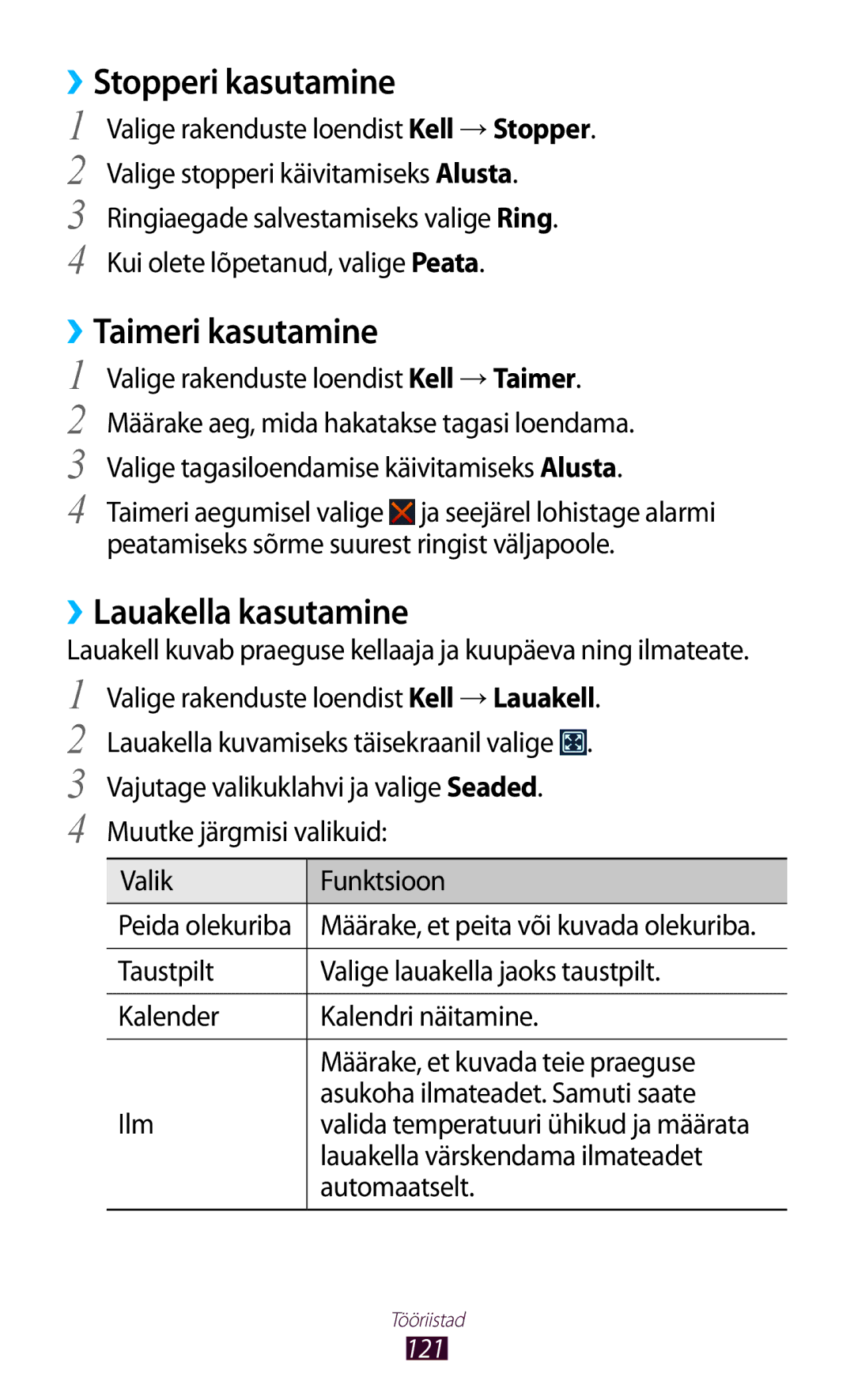 Samsung GT-I8160ZWASEB, GT-I8160OKASEB, GT-I8160ZWZSEB ››Stopperi kasutamine, ››Taimeri kasutamine, ››Lauakella kasutamine 