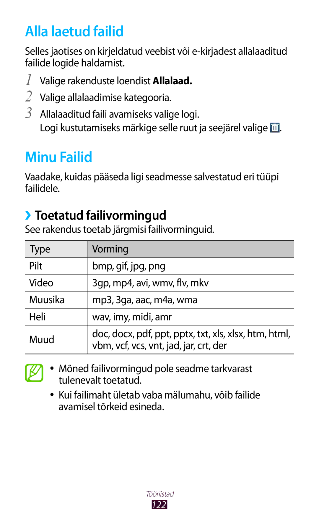 Samsung GT-I8160ZWZSEB, GT-I8160OKASEB, GT-I8160ZWASEB manual Alla laetud failid, Minu Failid, ››Toetatud failivormingud 