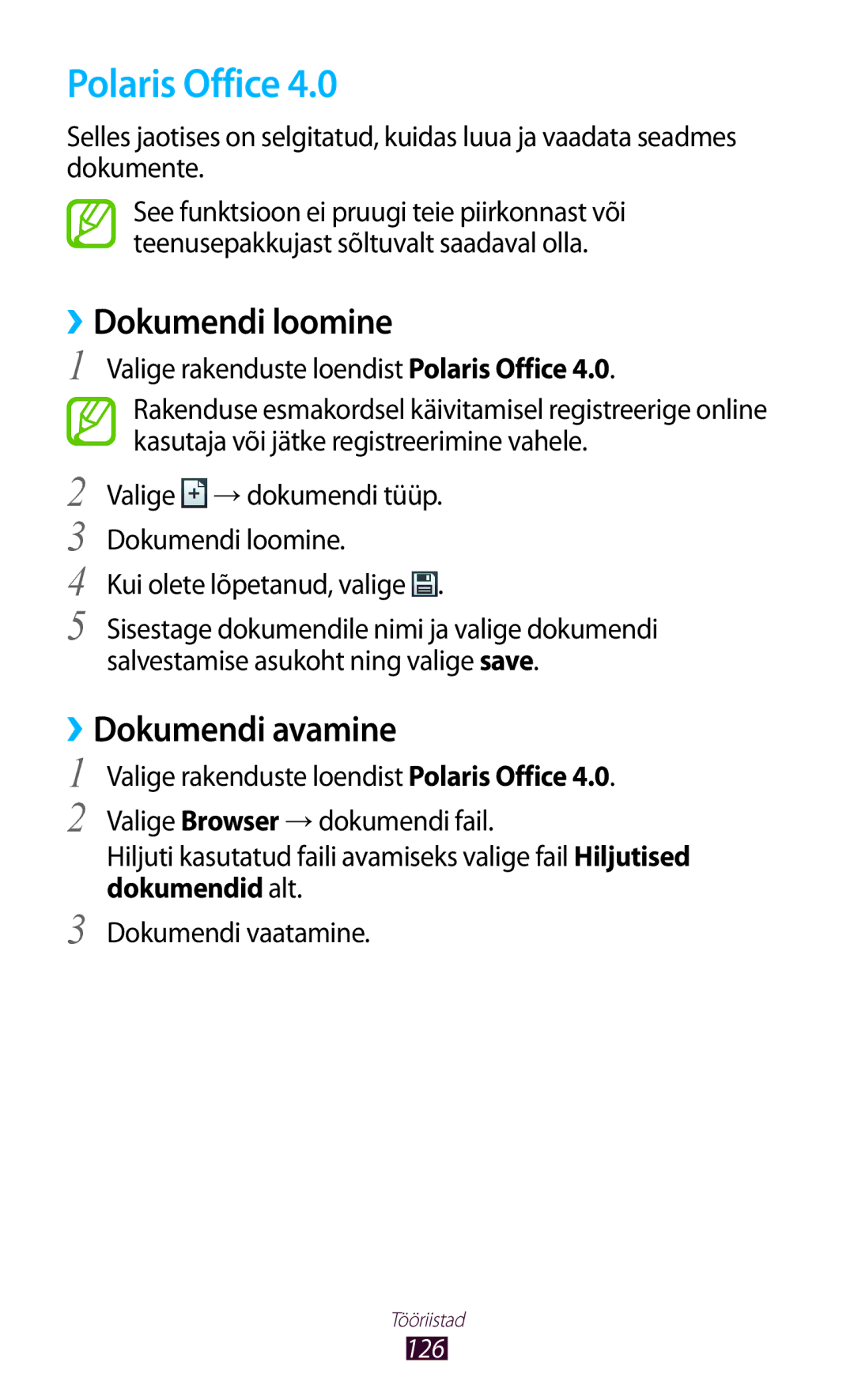 Samsung GT-I8160OKASEB, GT-I8160ZWASEB, GT-I8160ZWZSEB manual Polaris Office, ››Dokumendi loomine, ››Dokumendi avamine 