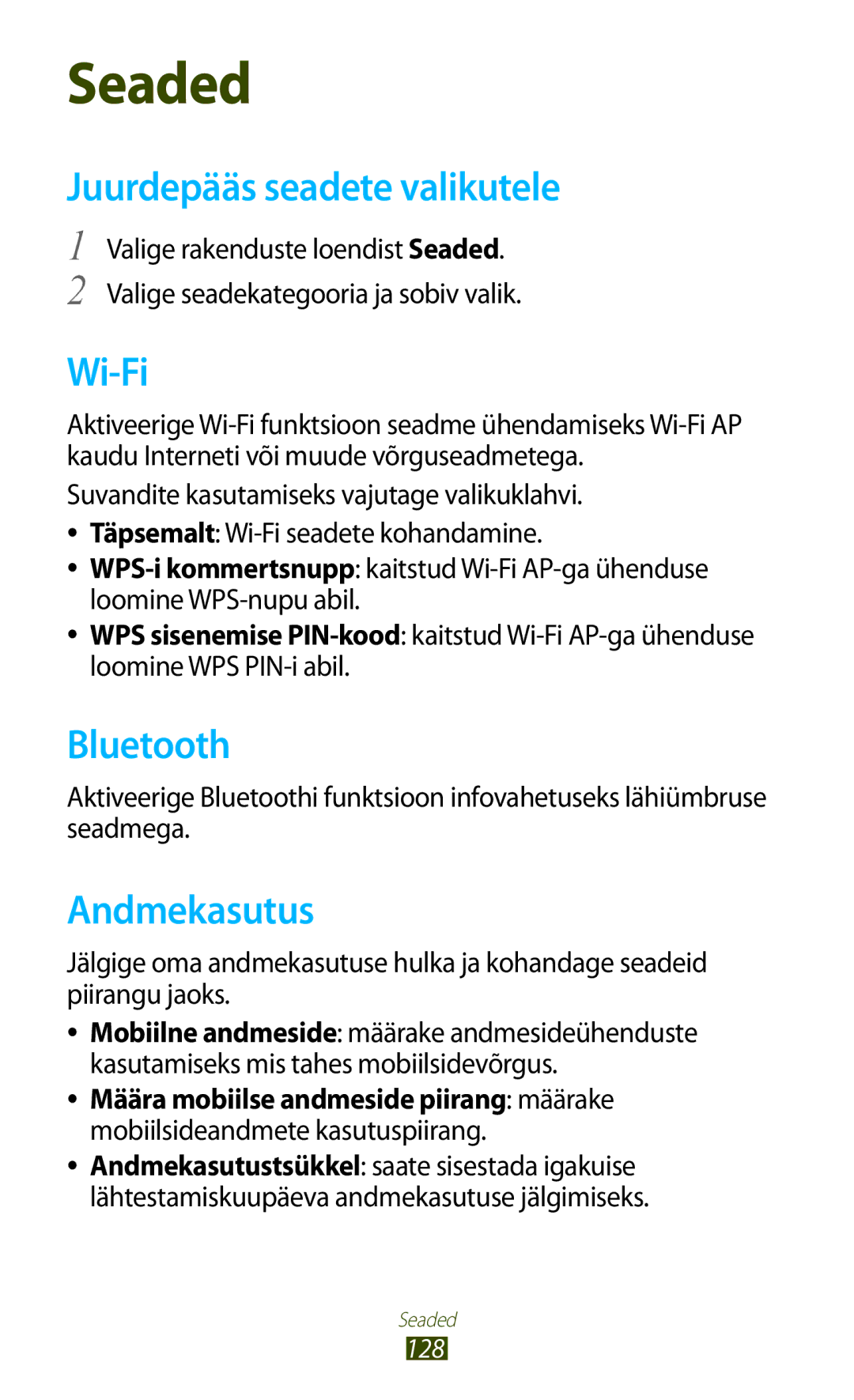 Samsung GT-I8160ZWZSEB manual Juurdepääs seadete valikutele, Andmekasutus, Määra mobiilse andmeside piirang määrake 