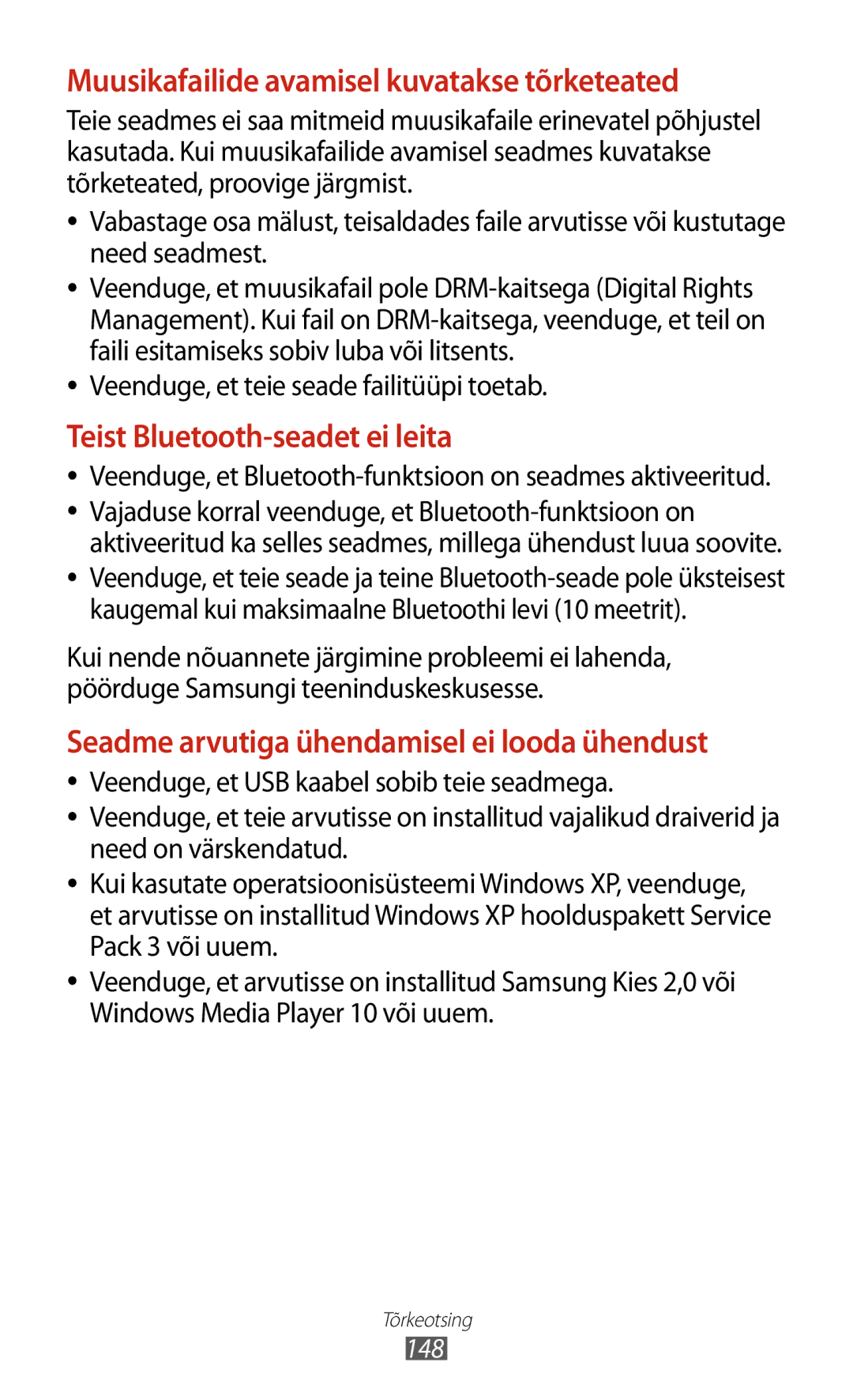 Samsung GT-I8160ZWASEB manual Muusikafailide avamisel kuvatakse tõrketeated, Veenduge, et teie seade failitüüpi toetab 