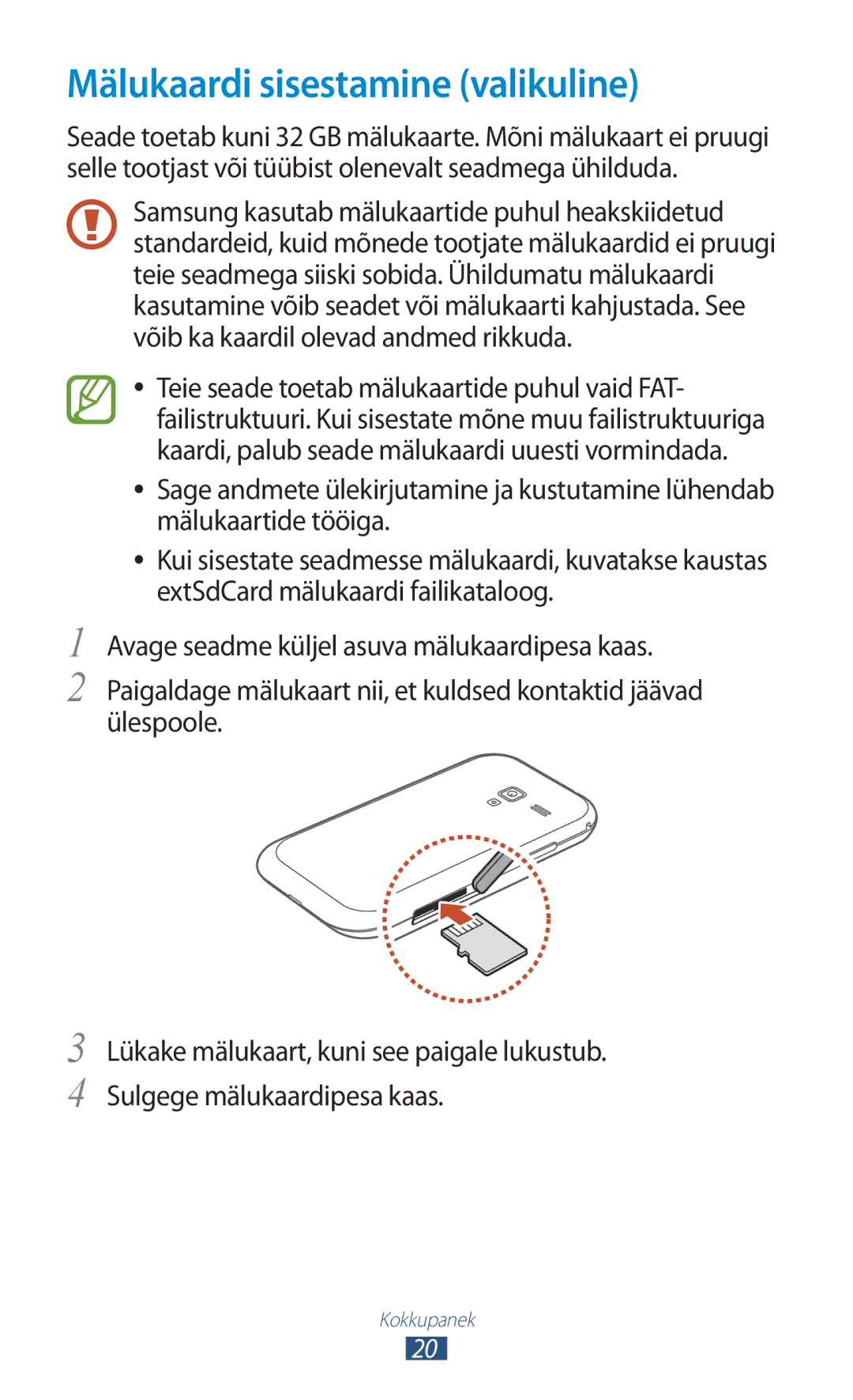 Samsung GT-I8160ZWZSEB, GT-I8160OKASEB, GT-I8160ZWASEB manual Mälukaardi sisestamine valikuline 