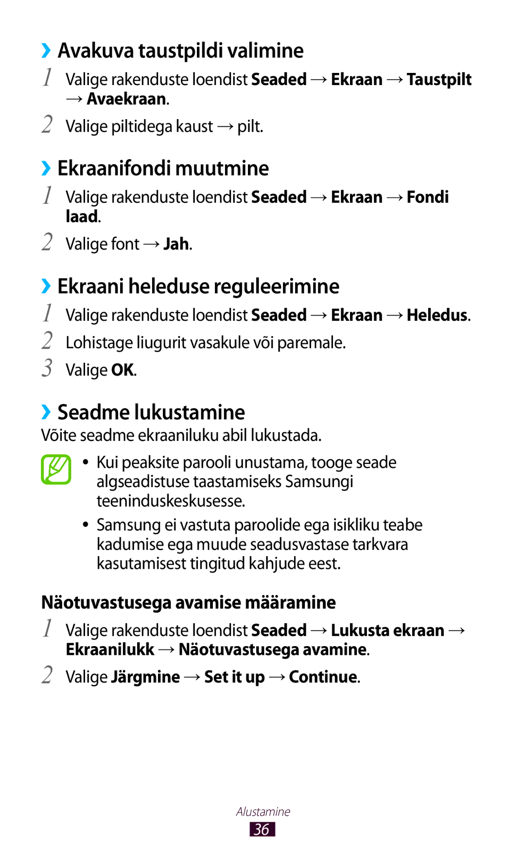 Samsung GT-I8160OKASEB manual ››Avakuva taustpildi valimine, ››Ekraanifondi muutmine, ››Ekraani heleduse reguleerimine 