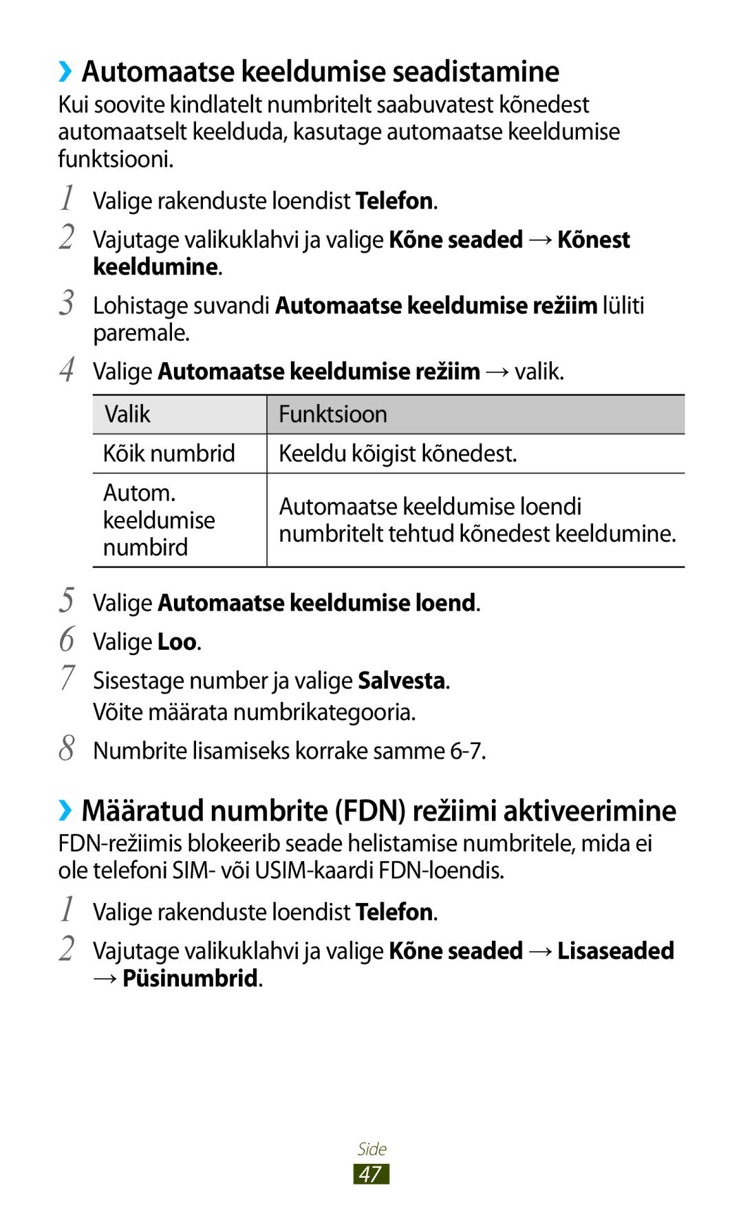 Samsung GT-I8160ZWZSEB manual ››Automaatse keeldumise seadistamine, Valige Automaatse keeldumise loend, → Püsinumbrid 