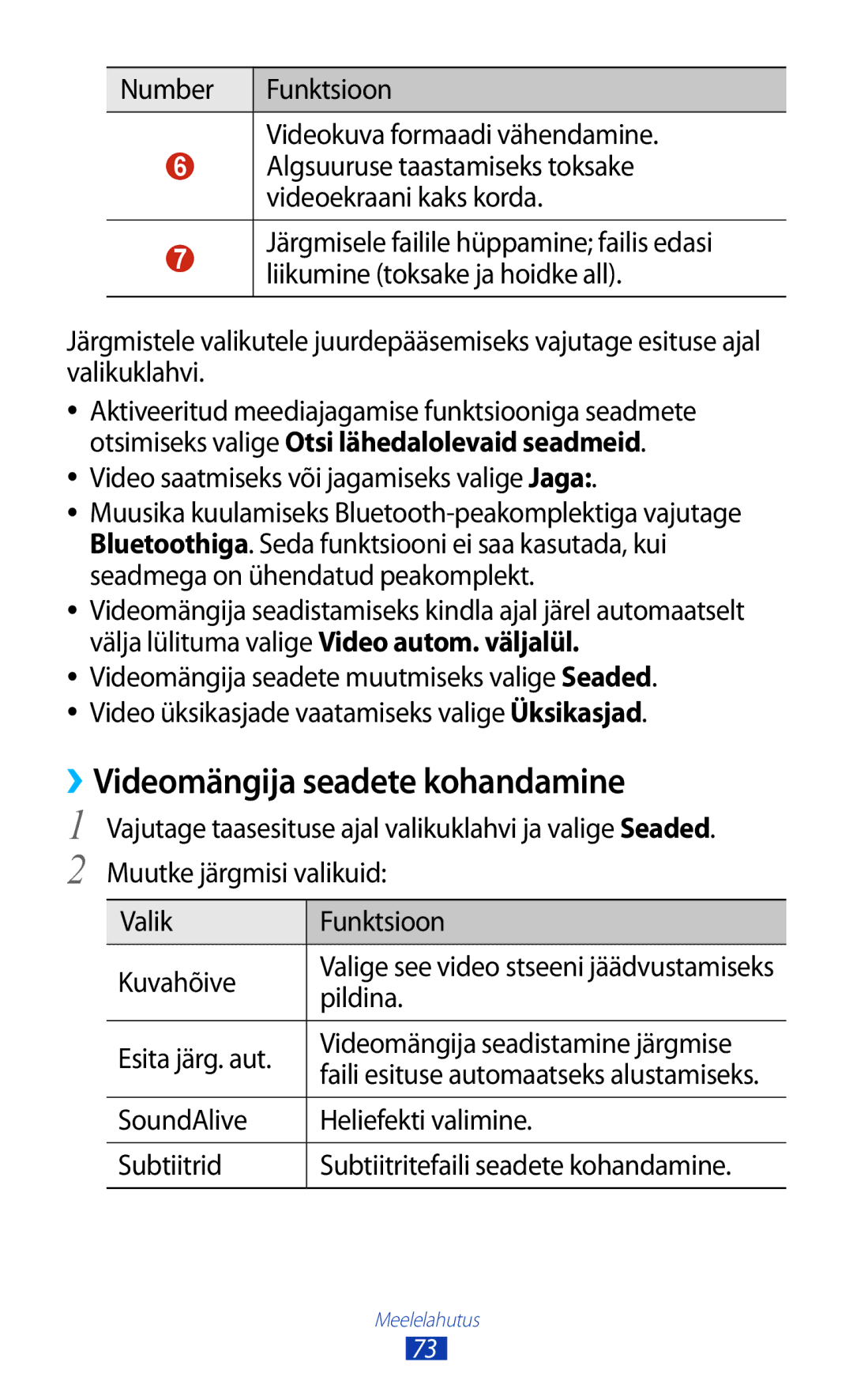 Samsung GT-I8160ZWASEB, GT-I8160OKASEB, GT-I8160ZWZSEB manual ››Videomängija seadete kohandamine 