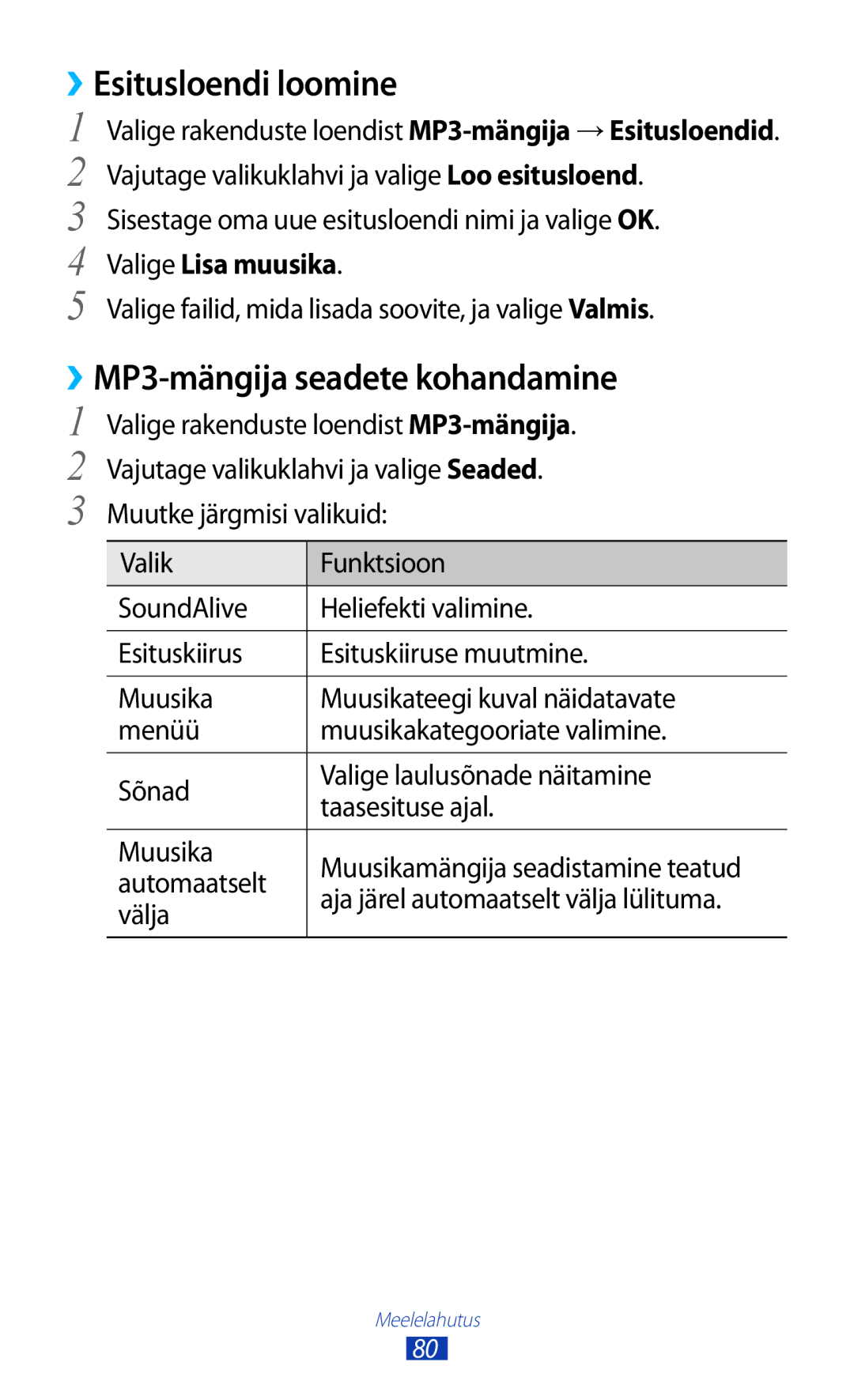 Samsung GT-I8160ZWZSEB, GT-I8160OKASEB manual ››Esitusloendi loomine, ››MP3-mängija seadete kohandamine, Valige Lisa muusika 