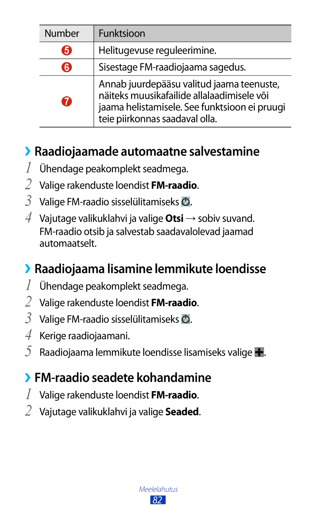 Samsung GT-I8160ZWASEB, GT-I8160OKASEB manual ››Raadiojaamade automaatne salvestamine, ››FM-raadio seadete kohandamine 