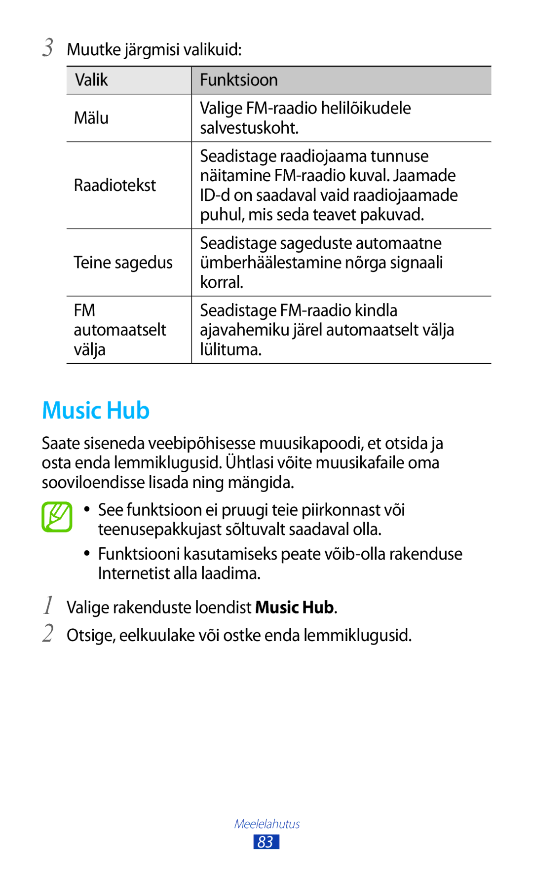 Samsung GT-I8160ZWZSEB, GT-I8160OKASEB manual Music Hub, Puhul, mis seda teavet pakuvad, Seadistage sageduste automaatne 