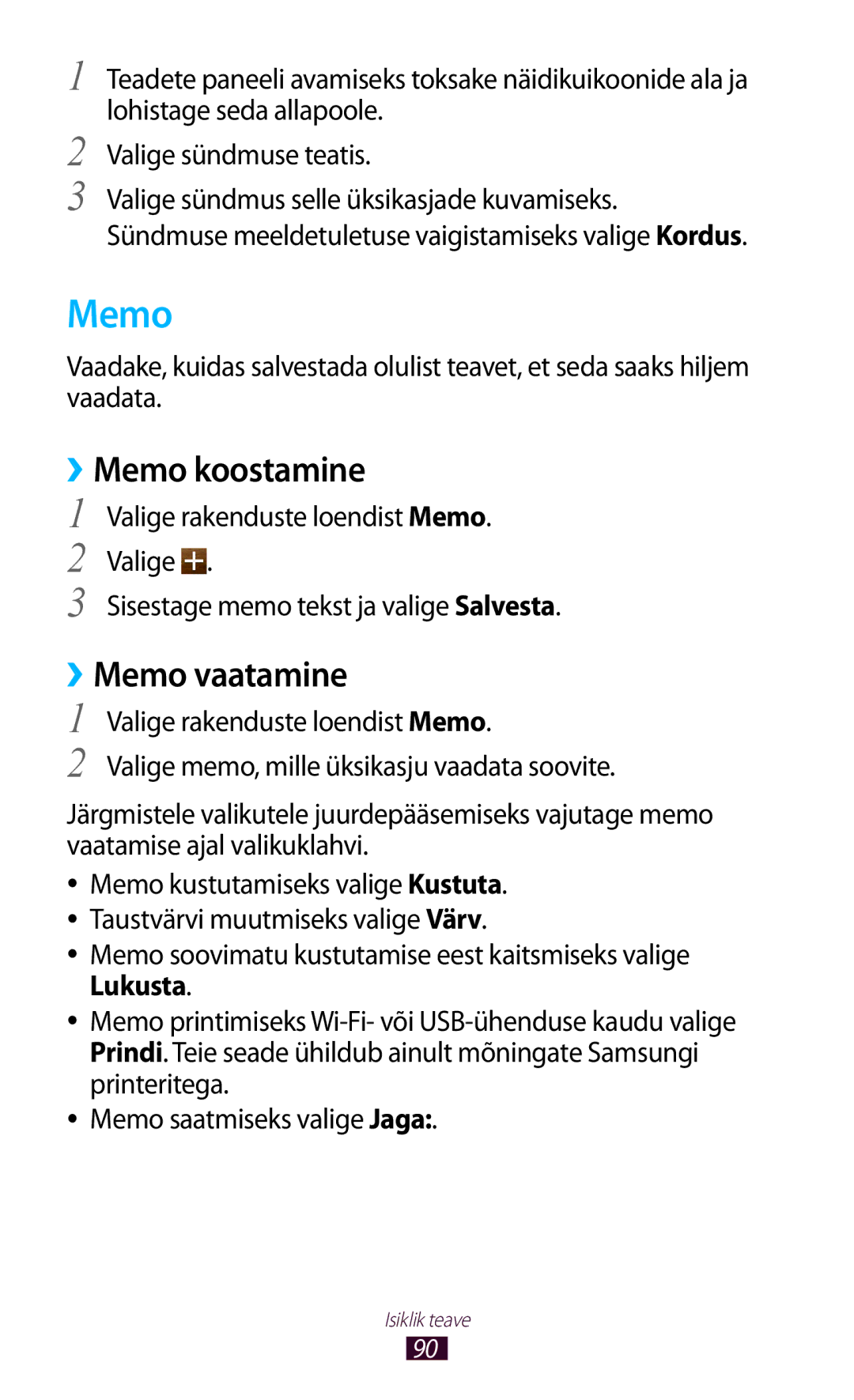 Samsung GT-I8160OKASEB, GT-I8160ZWASEB, GT-I8160ZWZSEB manual ››Memo koostamine, ››Memo vaatamine 