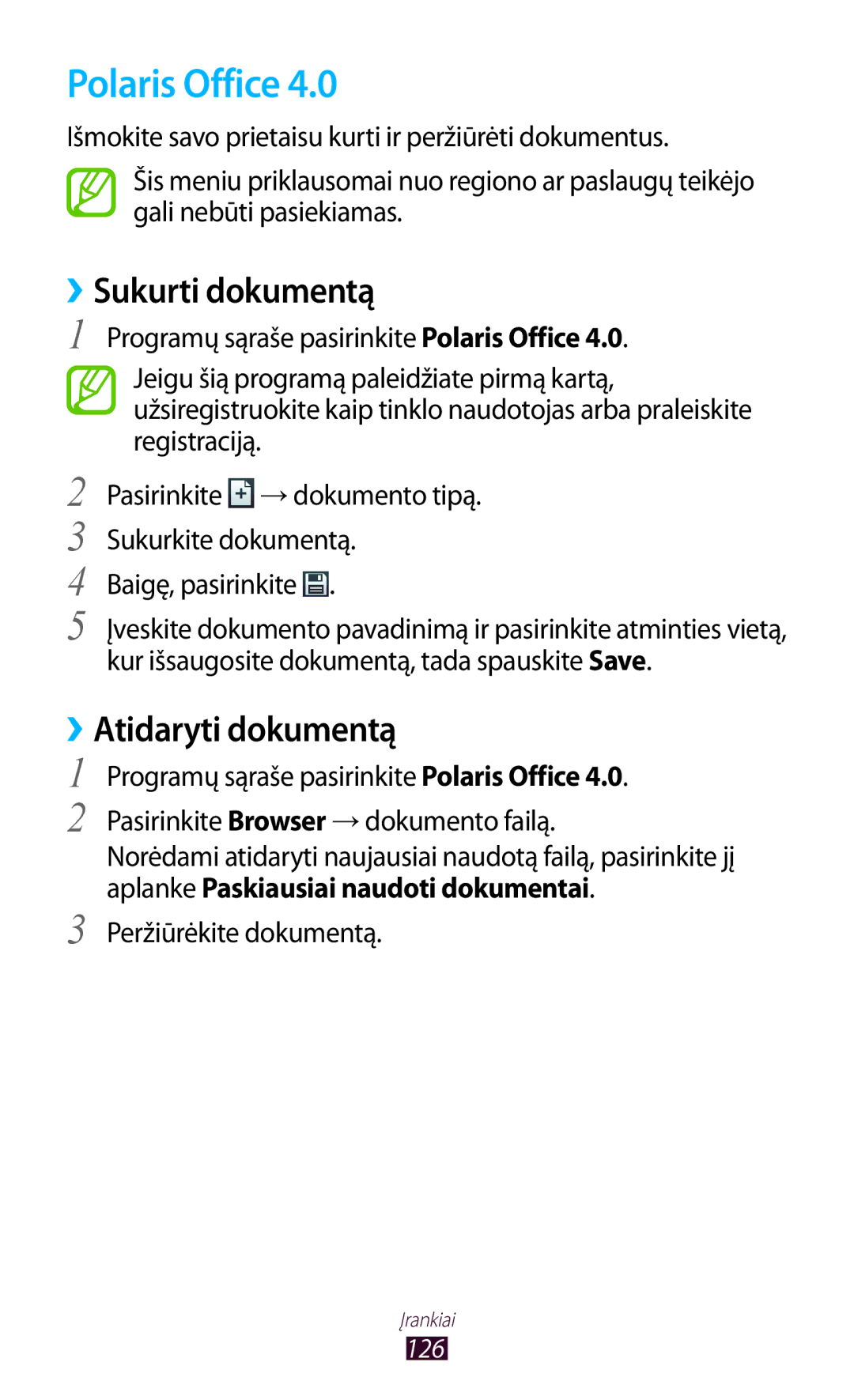 Samsung GT-I8160OKASEB, GT-I8160ZWASEB Polaris Office, ››Sukurti dokumentą, ››Atidaryti dokumentą, Peržiūrėkite dokumentą 