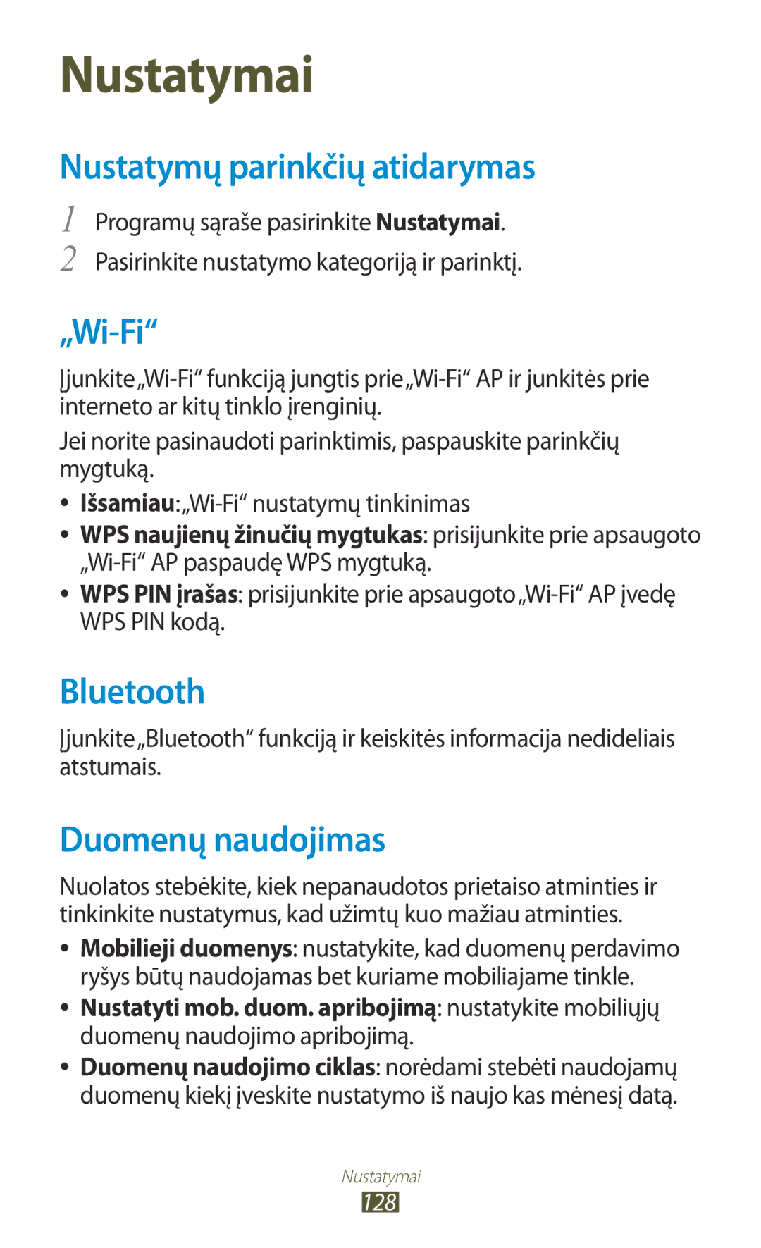 Samsung GT-I8160ZWZSEB manual Nustatymų parinkčių atidarymas, „Wi-Fi, Duomenų naudojimas, Duomenų naudojimo apribojimą 