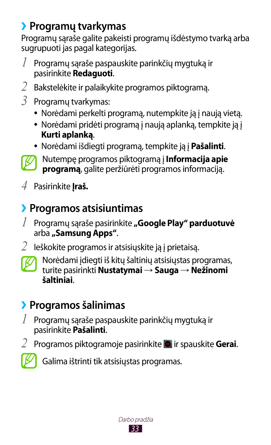 Samsung GT-I8160OKASEB manual ››Programų tvarkymas, ››Programos atsisiuntimas, ››Programos šalinimas, Arba „Samsung Apps 