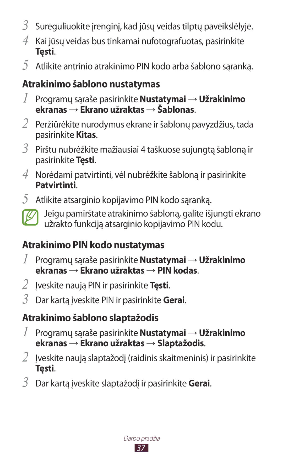 Samsung GT-I8160ZWASEB manual Tęsti, Programų sąraše pasirinkite Nustatymai →Užrakinimo, Ekranas →Ekrano užraktas →Šablonas 