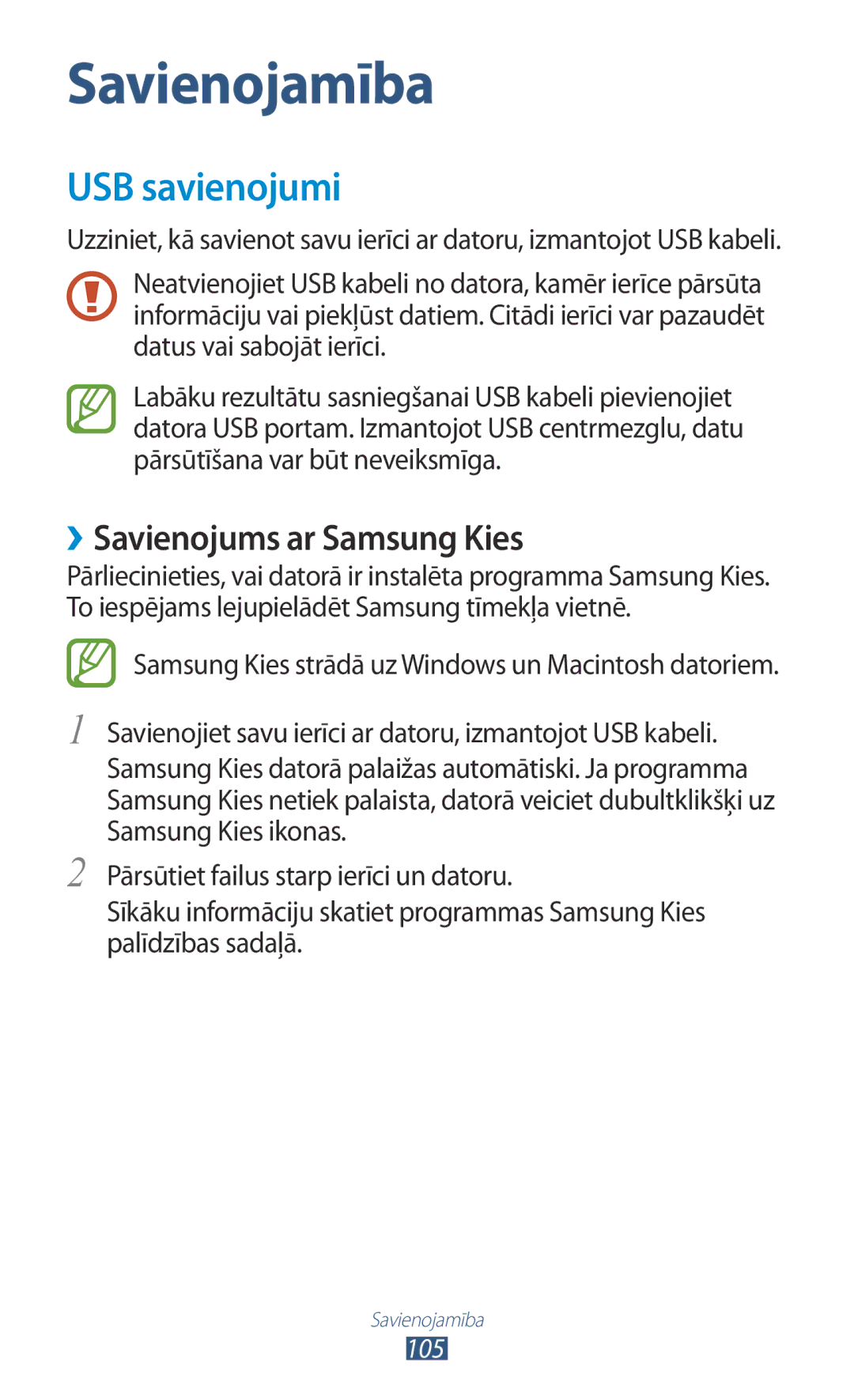 Samsung GT-I8160OKASEB, GT-I8160ZWASEB, GT-I8160ZWZSEB manual USB savienojumi, ››Savienojums ar Samsung Kies 