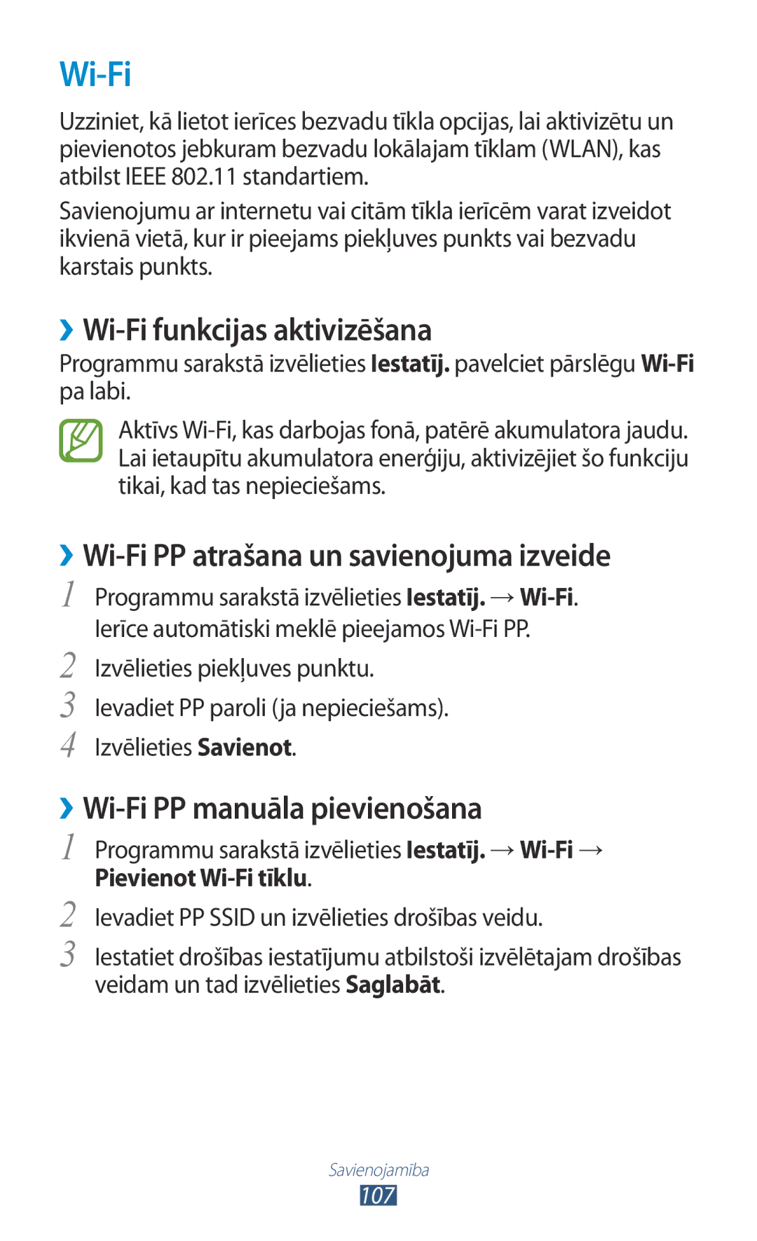 Samsung GT-I8160ZWZSEB, GT-I8160OKASEB manual ››Wi-Fi funkcijas aktivizēšana, ››Wi-Fi PP atrašana un savienojuma izveide 