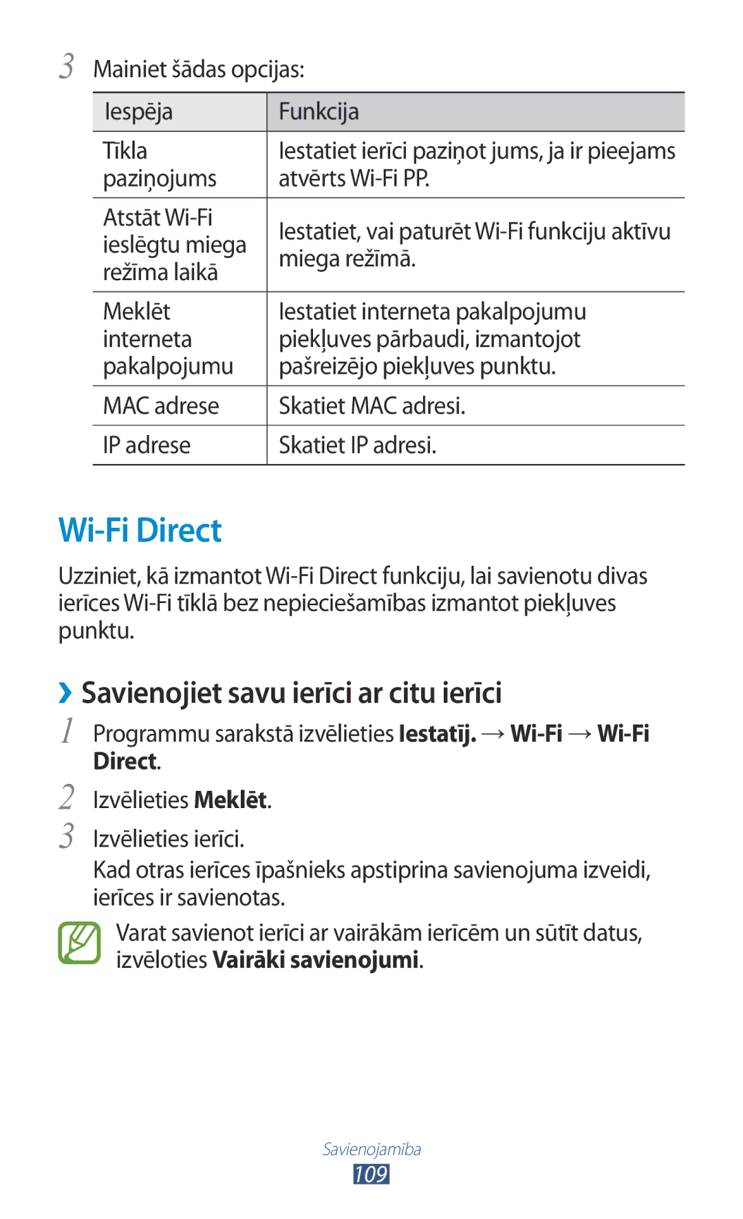 Samsung GT-I8160ZWASEB, GT-I8160OKASEB, GT-I8160ZWZSEB manual Wi-Fi Direct, ››Savienojiet savu ierīci ar citu ierīci 