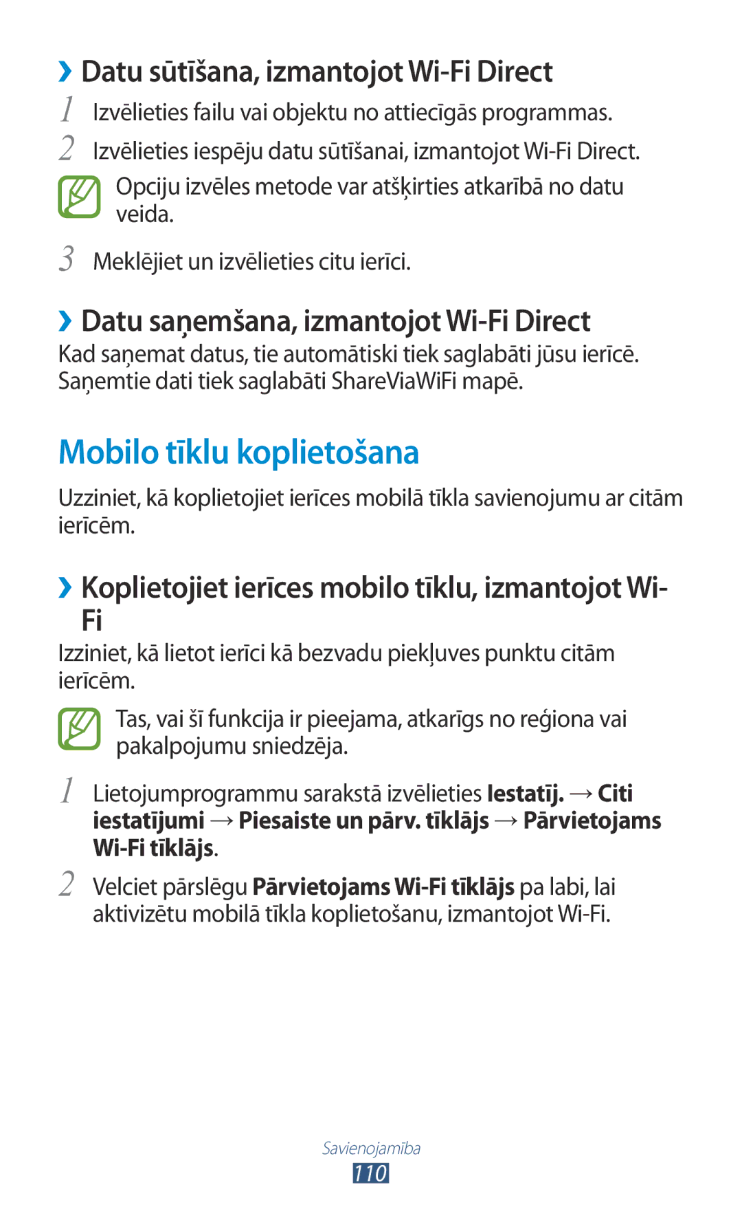 Samsung GT-I8160ZWZSEB, GT-I8160OKASEB, GT-I8160ZWASEB Mobilo tīklu koplietošana, ››Datu sūtīšana, izmantojot Wi-Fi Direct 