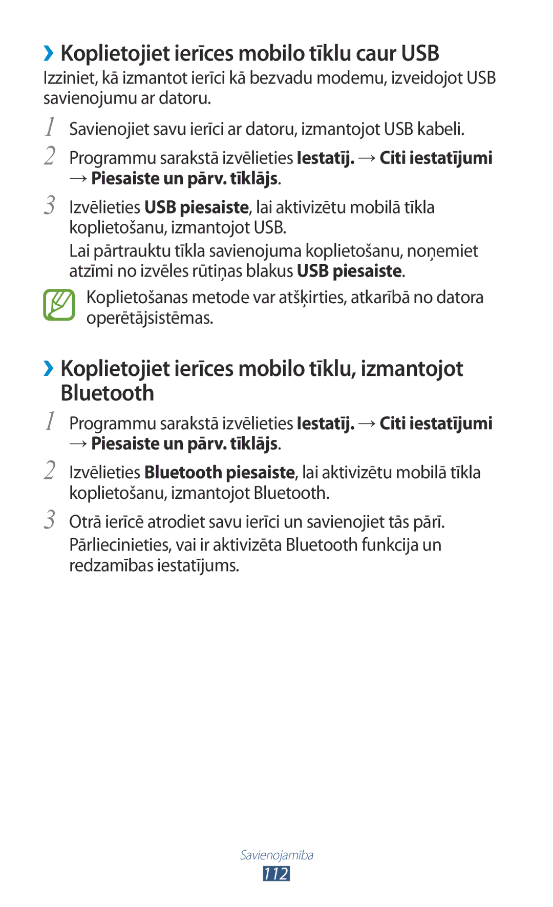 Samsung GT-I8160ZWASEB, GT-I8160OKASEB manual ››Koplietojiet ierīces mobilo tīklu caur USB, → Piesaiste un pārv. tīklājs 