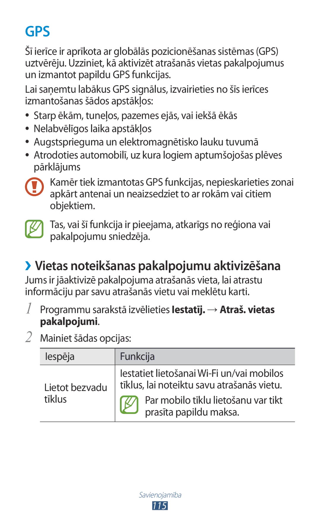 Samsung GT-I8160ZWASEB manual Programmu sarakstā izvēlieties Iestatīj. →Atraš. vietas, Pakalpojumi, Lietot bezvadu, Tīklus 