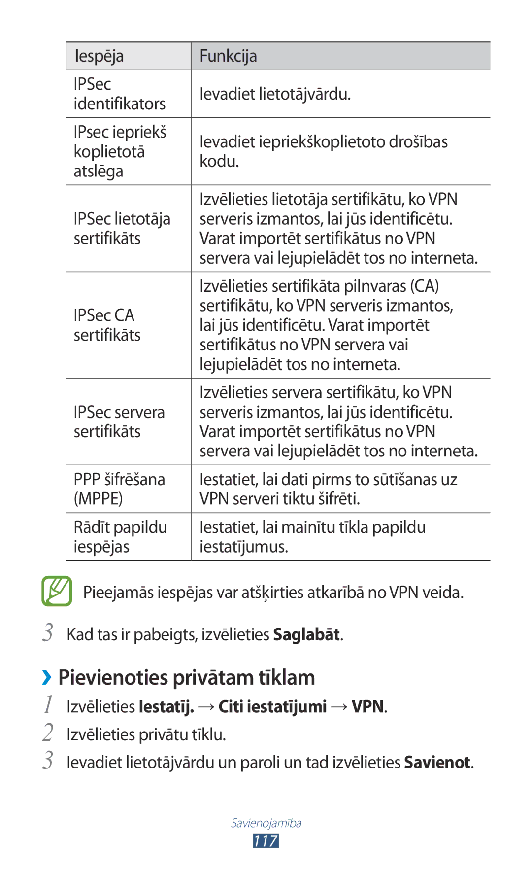 Samsung GT-I8160OKASEB, GT-I8160ZWASEB manual ››Pievienoties privātam tīklam, Izvēlieties Iestatīj. →Citi iestatījumi →VPN 