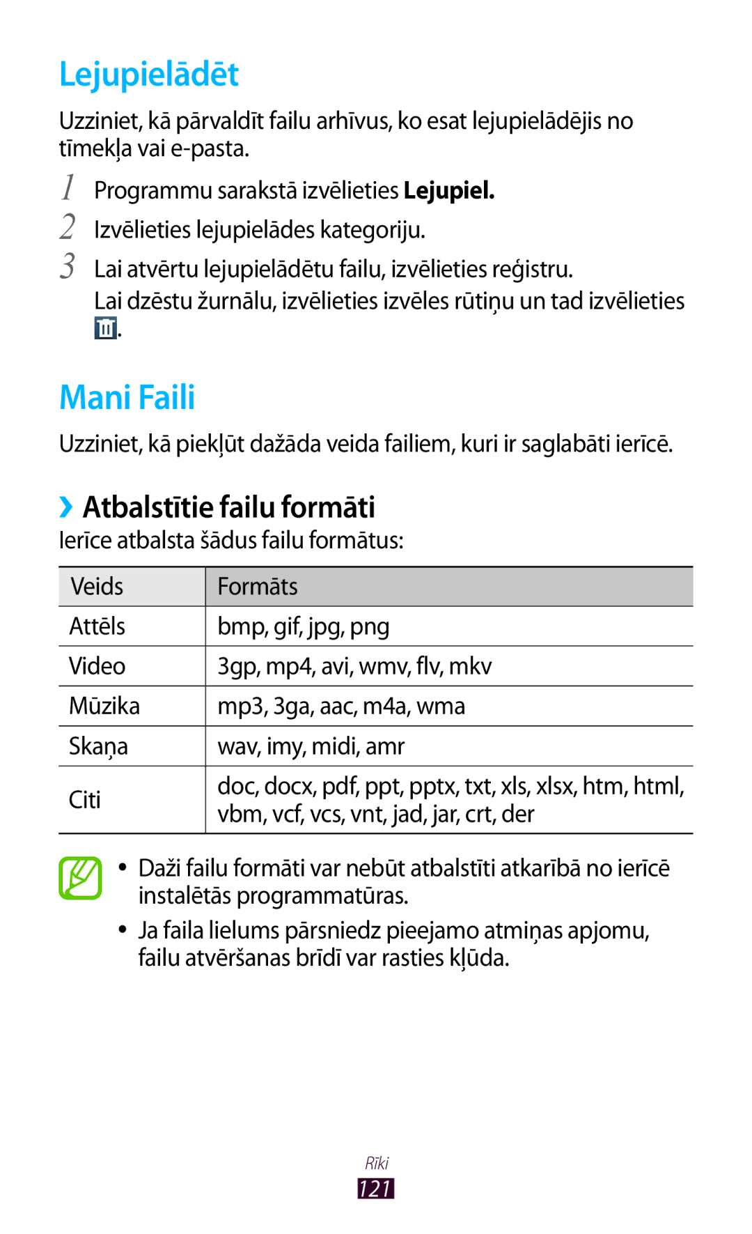 Samsung GT-I8160ZWASEB, GT-I8160OKASEB, GT-I8160ZWZSEB manual Lejupielādēt, Mani Faili, ››Atbalstītie failu formāti 