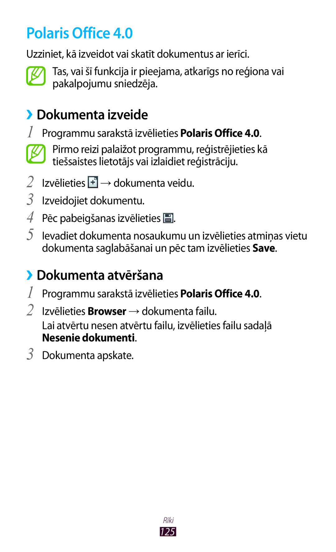 Samsung GT-I8160ZWZSEB, GT-I8160OKASEB, GT-I8160ZWASEB manual Polaris Office, ››Dokumenta izveide, ››Dokumenta atvēršana 