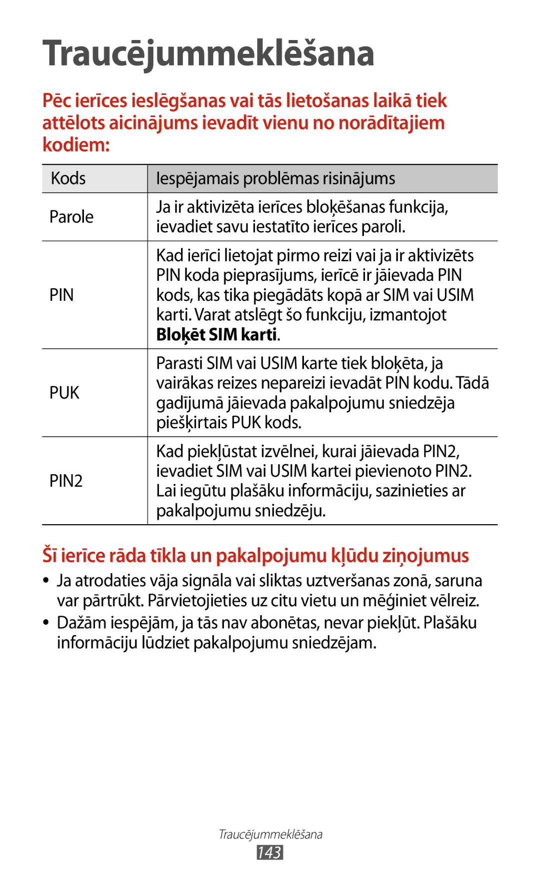 Samsung GT-I8160ZWZSEB, GT-I8160OKASEB, GT-I8160ZWASEB manual Bloķēt SIM karti 