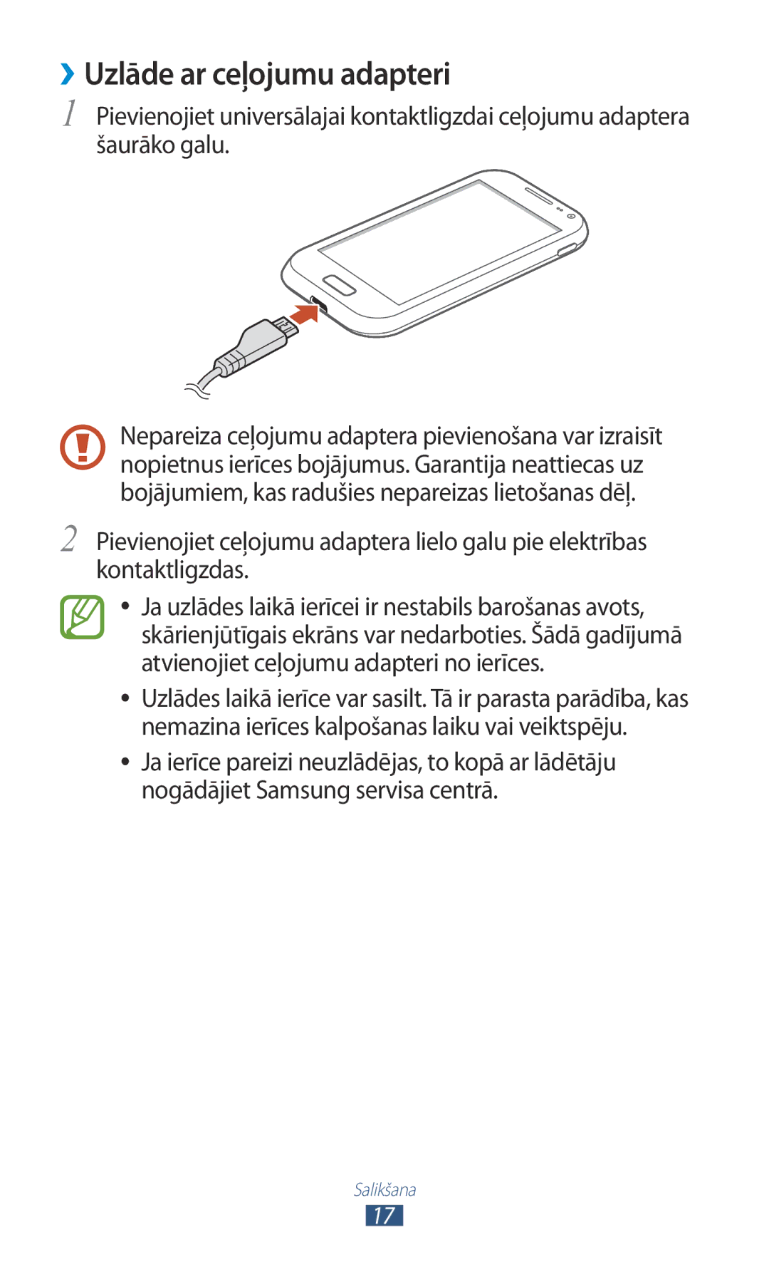 Samsung GT-I8160ZWZSEB, GT-I8160OKASEB, GT-I8160ZWASEB manual ››Uzlāde ar ceļojumu adapteri 