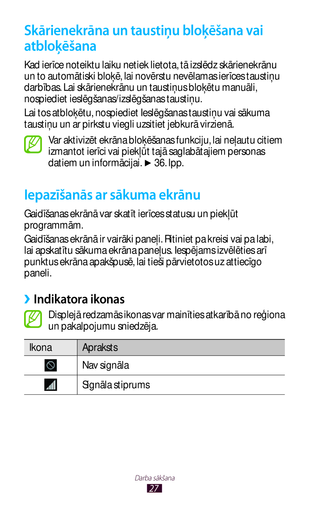 Samsung GT-I8160OKASEB, GT-I8160ZWASEB Skārienekrāna un taustiņu bloķēšana vai atbloķēšana, Iepazīšanās ar sākuma ekrānu 