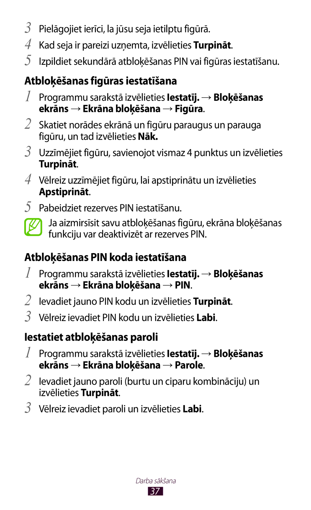 Samsung GT-I8160ZWASEB manual Programmu sarakstā izvēlieties Iestatīj. →Bloķēšanas, Ekrāns →Ekrāna bloķēšana →Figūra 