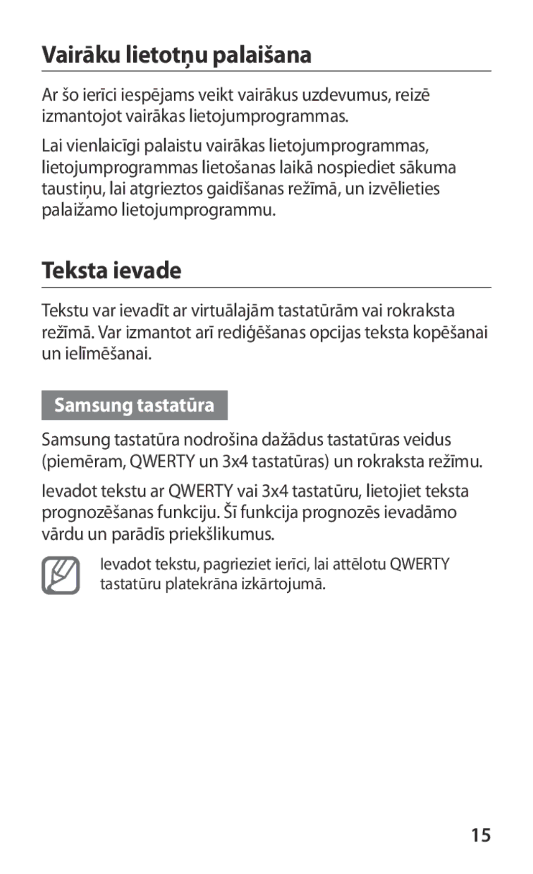 Samsung GT-I8160OKASEB, GT-I8160ZWASEB, GT-I8160ZWZSEB manual Vairāku lietotņu palaišana, Teksta ievade, Samsung tastatūra 