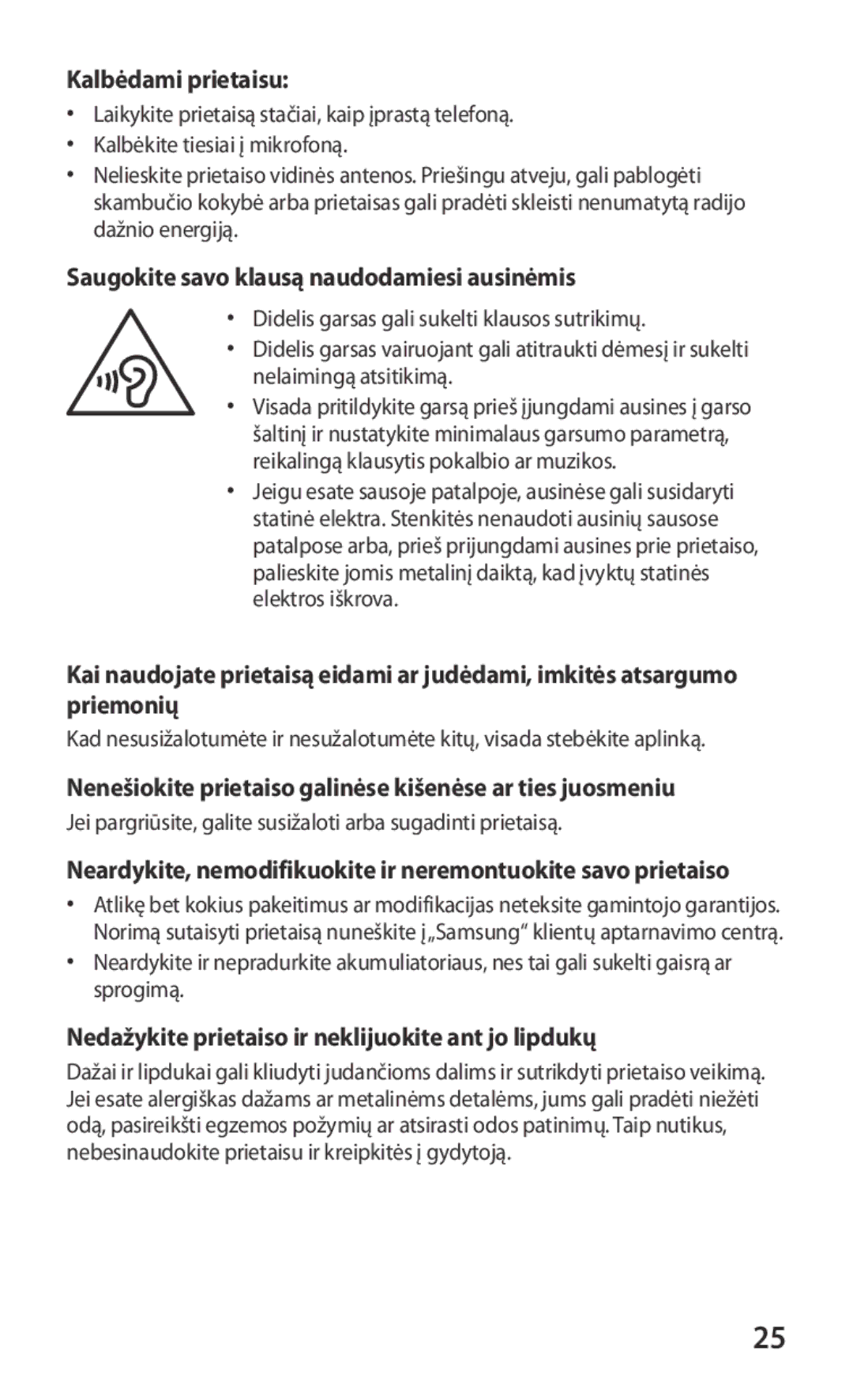 Samsung GT-I8160ZWASEB, GT-I8160OKASEB, GT-I8160ZWZSEB Kalbėdami prietaisu, Saugokite savo klausą naudodamiesi ausinėmis 