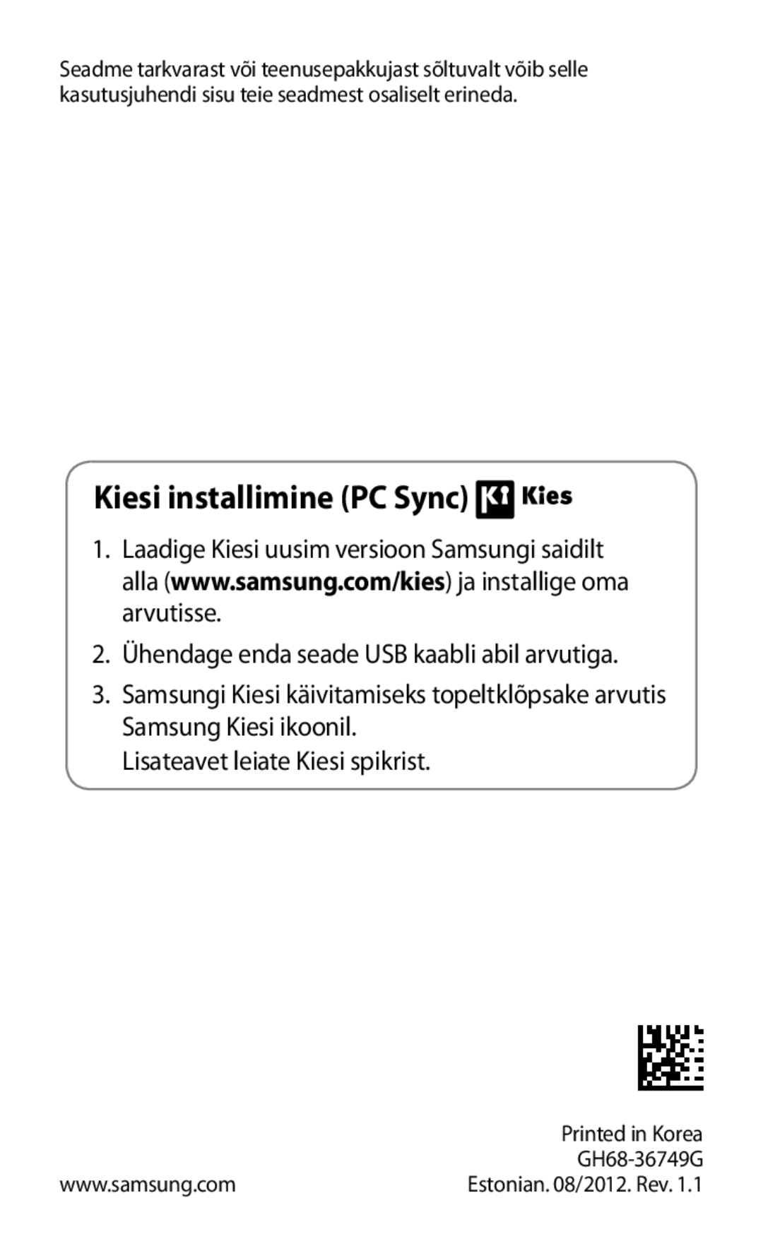 Samsung GT-I8160ZWZSEB, GT-I8160OKASEB, GT-I8160ZWASEB manual Kiesi installimine PC Sync 