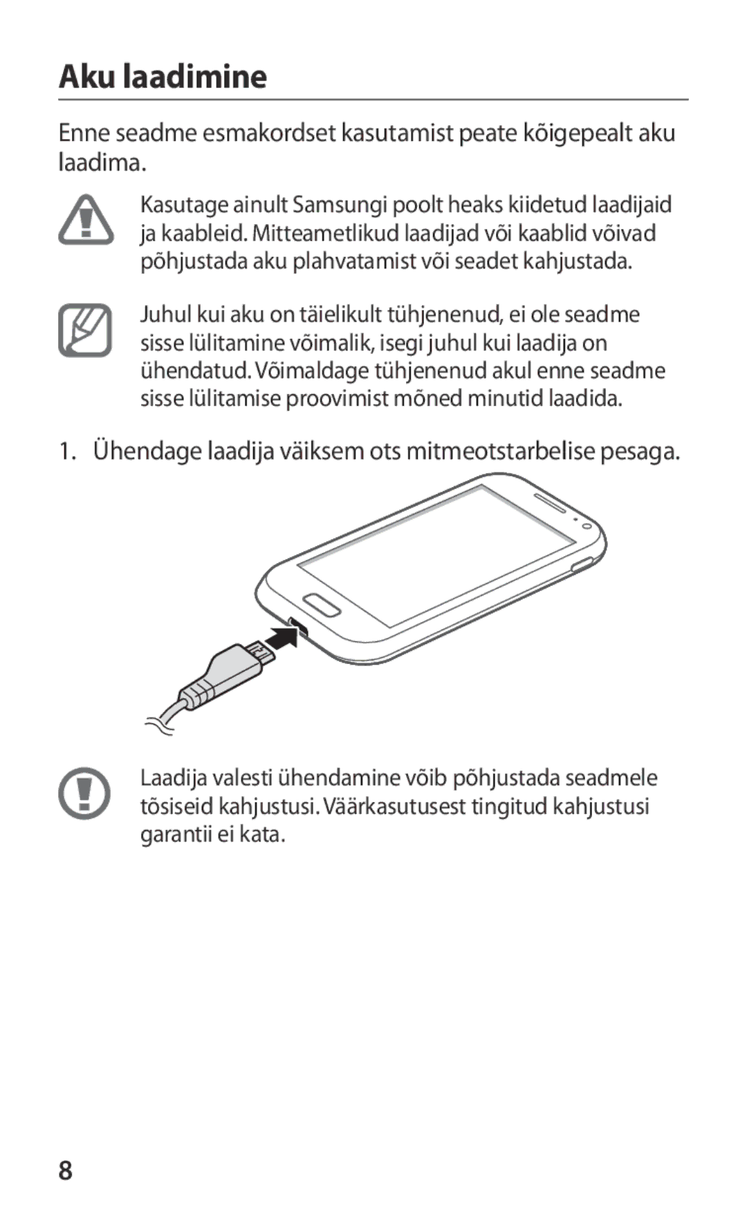 Samsung GT-I8160ZWZSEB, GT-I8160OKASEB, GT-I8160ZWASEB manual Aku laadimine 