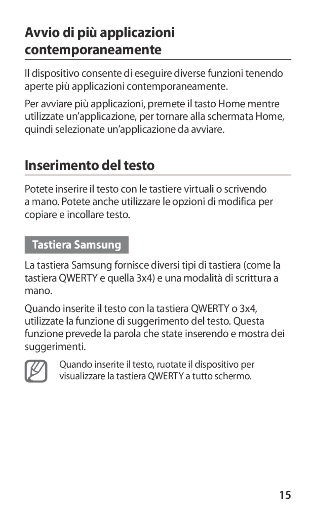 Samsung GT-I8160ZWAXEO manual Inserimento del testo, Avvio di più applicazioni contemporaneamente, Tastiera Samsung 