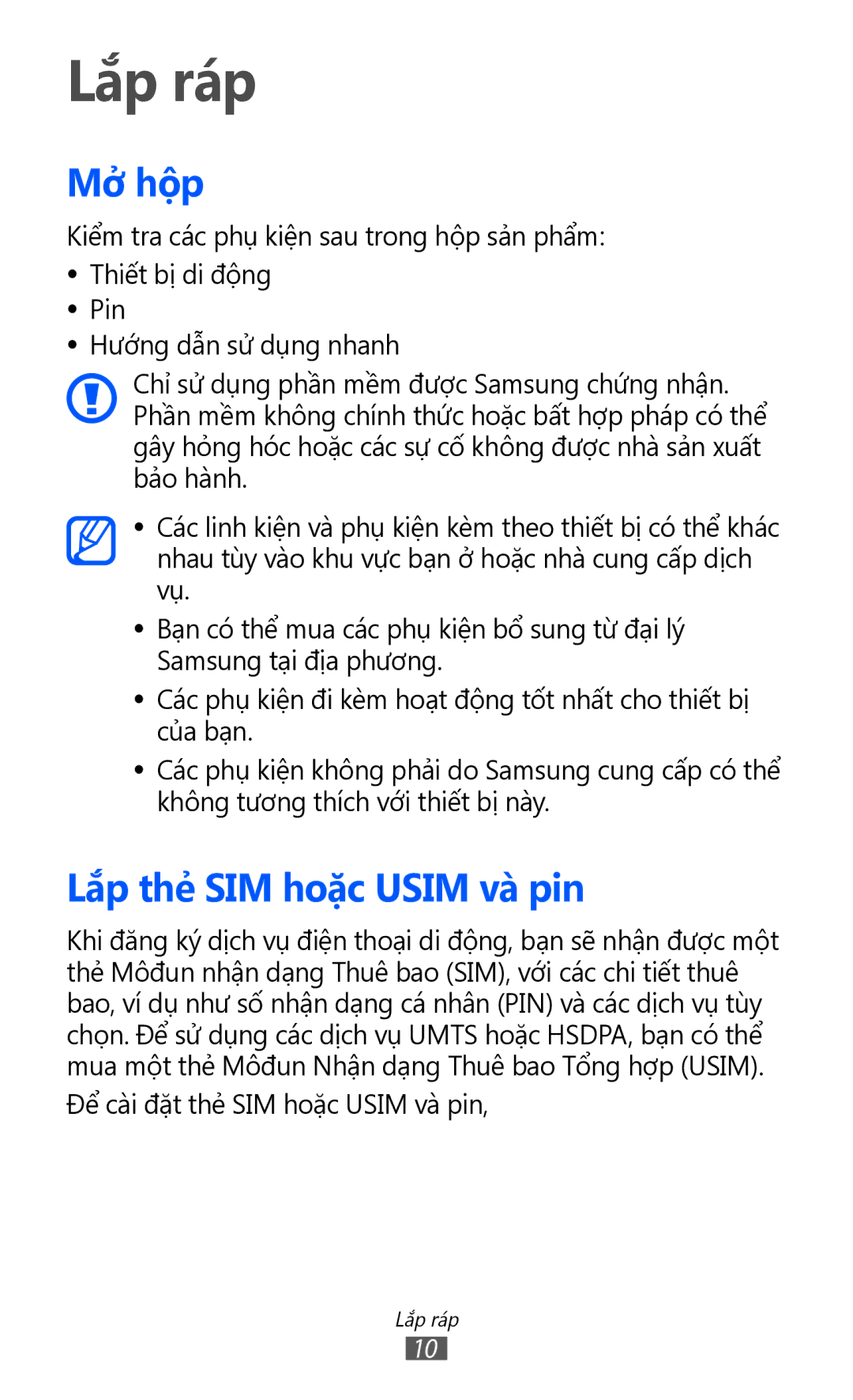 Samsung GT-I8160ZWAXXV, GT-I8160OKAXEV, GT-I8160OKAXXV, GT-I8160ZWAXEV manual Lắp ráp, Mở hộp, Lắp thẻ SIM hoặc Usim và pin 