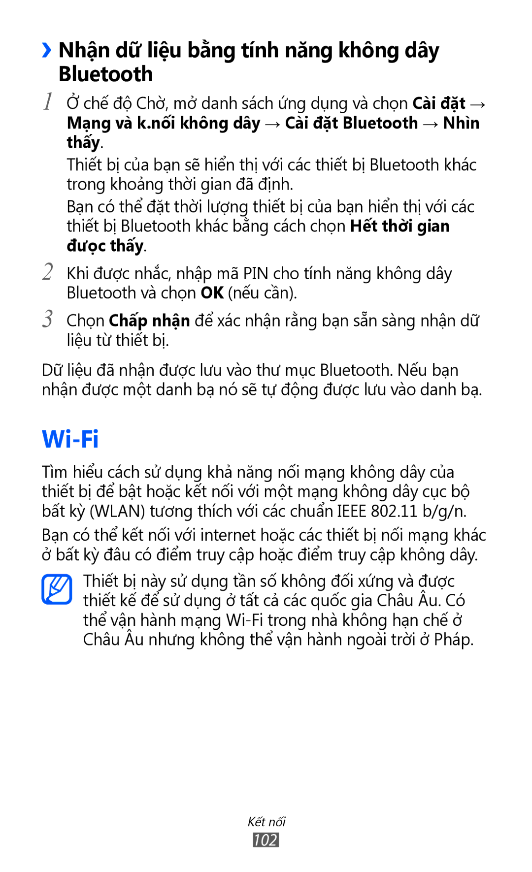 Samsung GT-I8160ZWAXXV, GT-I8160OKAXEV, GT-I8160OKAXXV manual Wi-Fi, ››Nhận dữ̃ liệu bằng tính năng không dây Bluetooth 