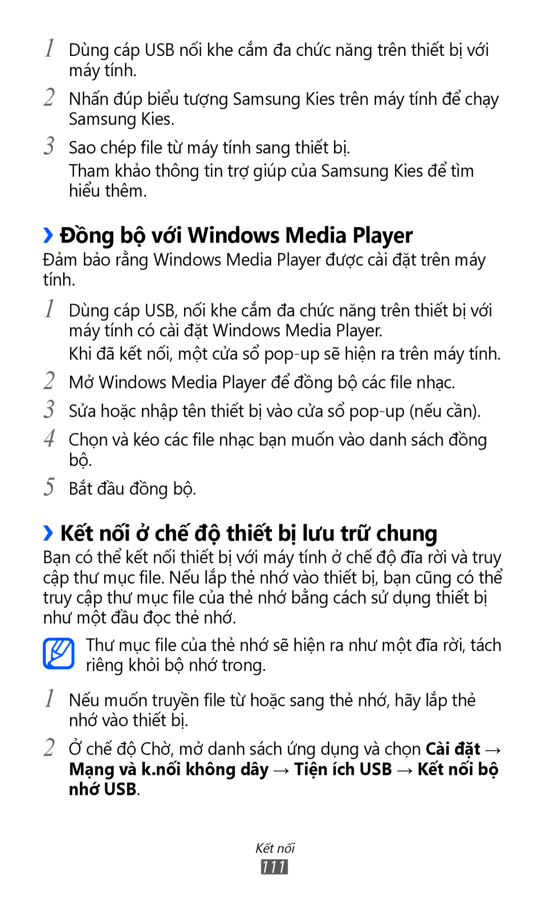 Samsung GT-I8160ZWAXEV, GT-I8160OKAXEV manual ››Đồng bộ với Windows Media Player, ››Kết nối ở chế độ thiết bị lưu trữ̃ chung 