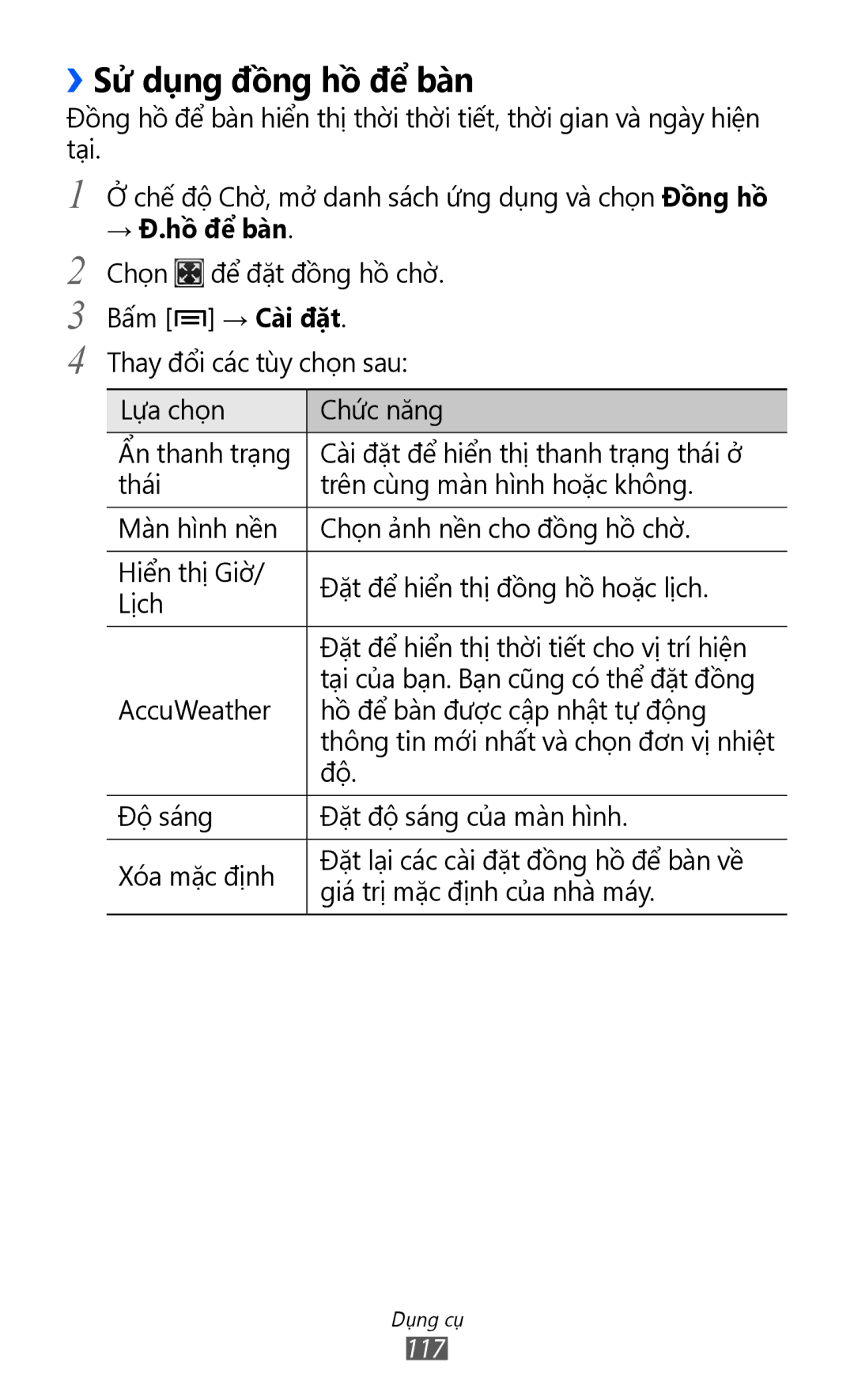 Samsung GT-I8160OKAXXV, GT-I8160OKAXEV, GT-I8160ZWAXXV, GT-I8160ZWAXEV manual ››Sư dung đông hô đê ban, → Đ.hô đê ban 