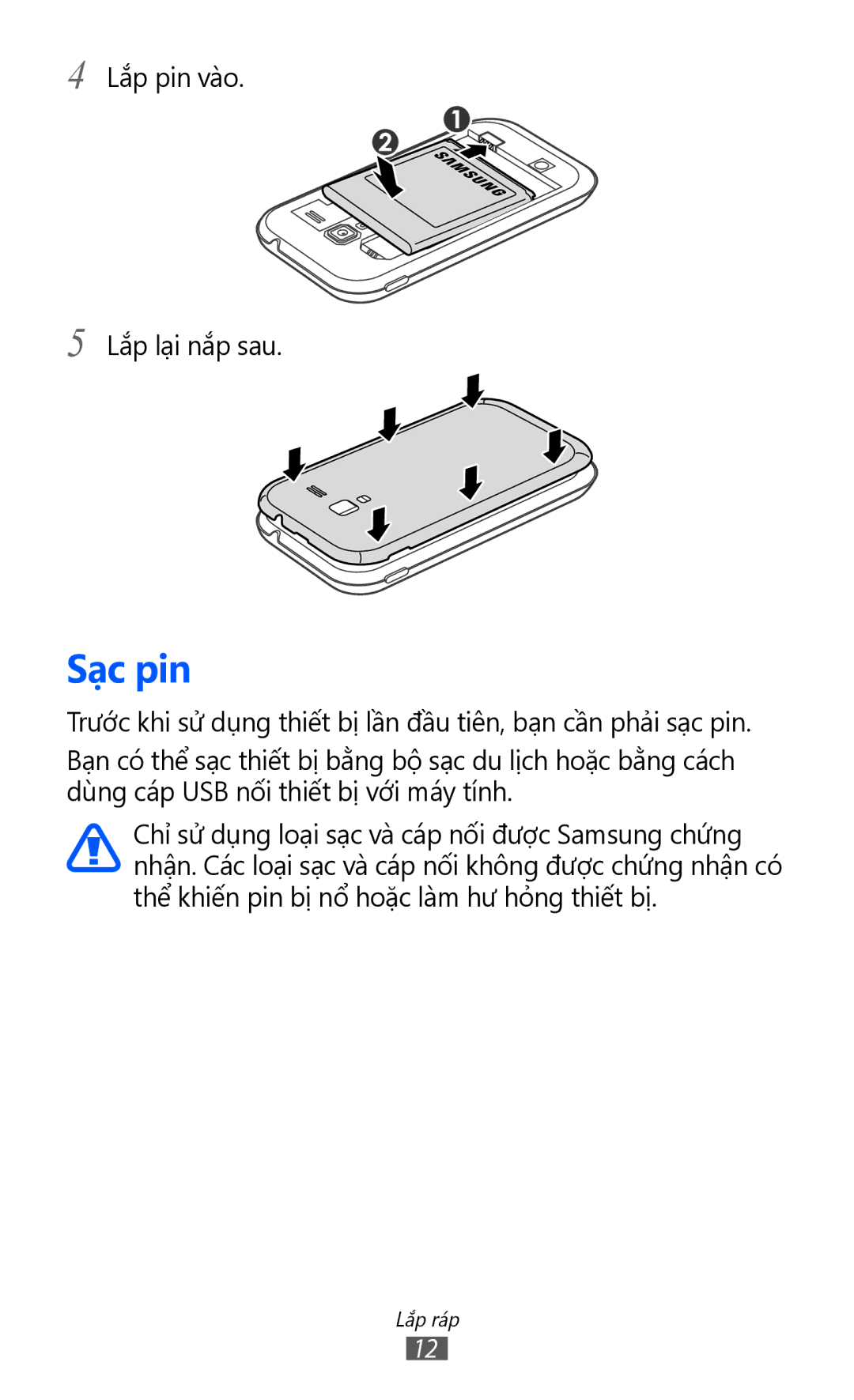 Samsung GT-I8160OKAXEV, GT-I8160OKAXXV, GT-I8160ZWAXXV, GT-I8160ZWAXEV manual Sạc pin 