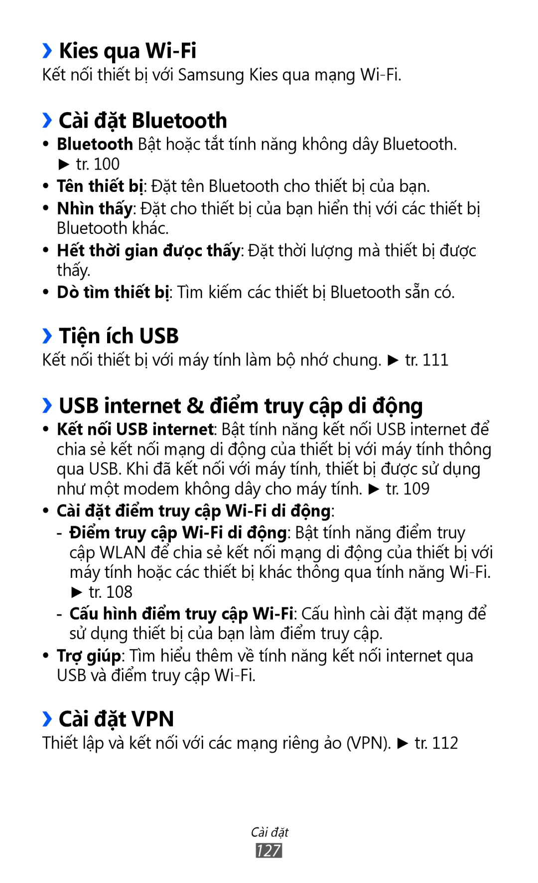 Samsung GT-I8160ZWAXEV manual ››Kies qua Wi-Fi, ››Cài đặt Bluetooth, ››Tiên ich USB, ››USB internet & điêm truy câp di đông 