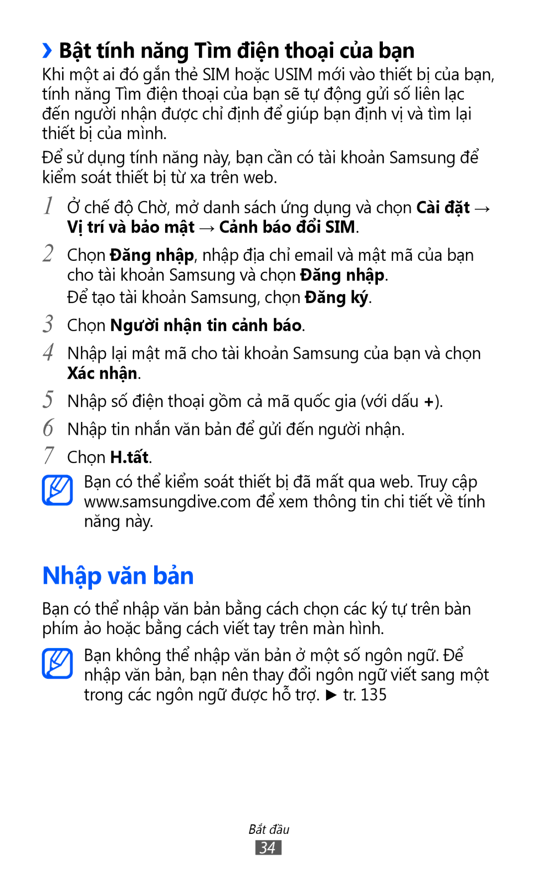Samsung GT-I8160ZWAXXV manual Nhập văn bả̉n, ››Bật tính năng Tì̀m điện thoại của bạn, Chọn Người nhận tin cả̉nh báo 