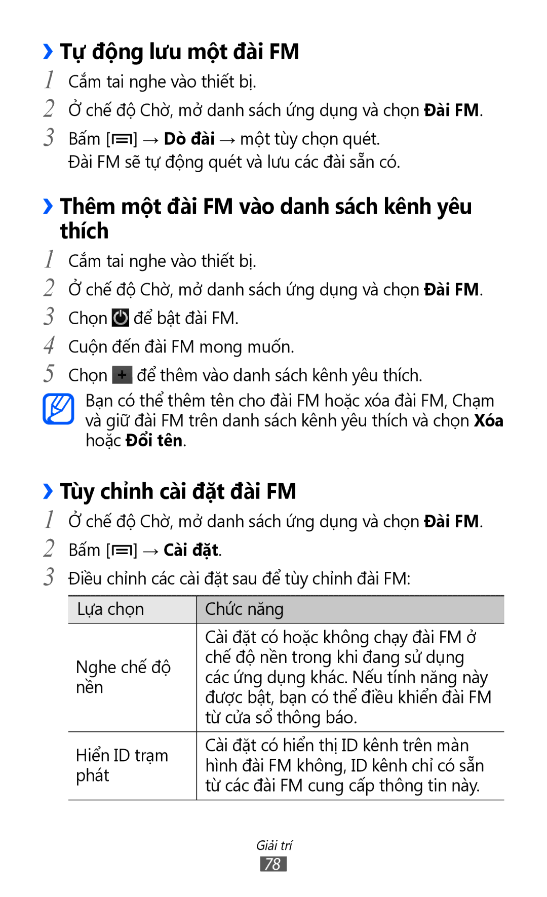 Samsung GT-I8160ZWAXXV, GT-I8160OKAXEV manual ››Tự động lưu một đài FM, ››Thêm một đài FM vào danh sách kênh yêu thích 