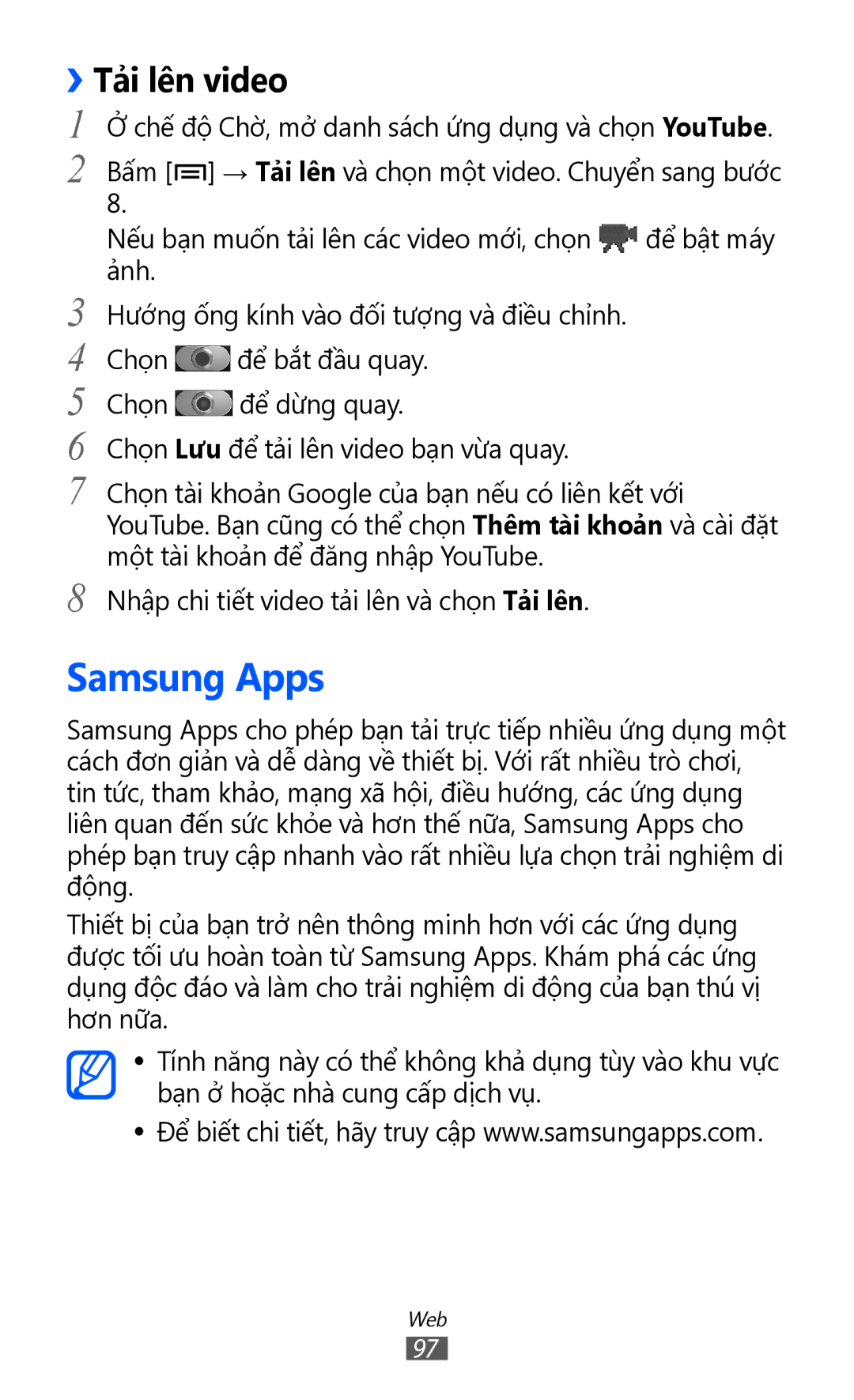 Samsung GT-I8160OKAXXV, GT-I8160OKAXEV, GT-I8160ZWAXXV, GT-I8160ZWAXEV manual Samsung Apps, ››Tả̉i lên video 