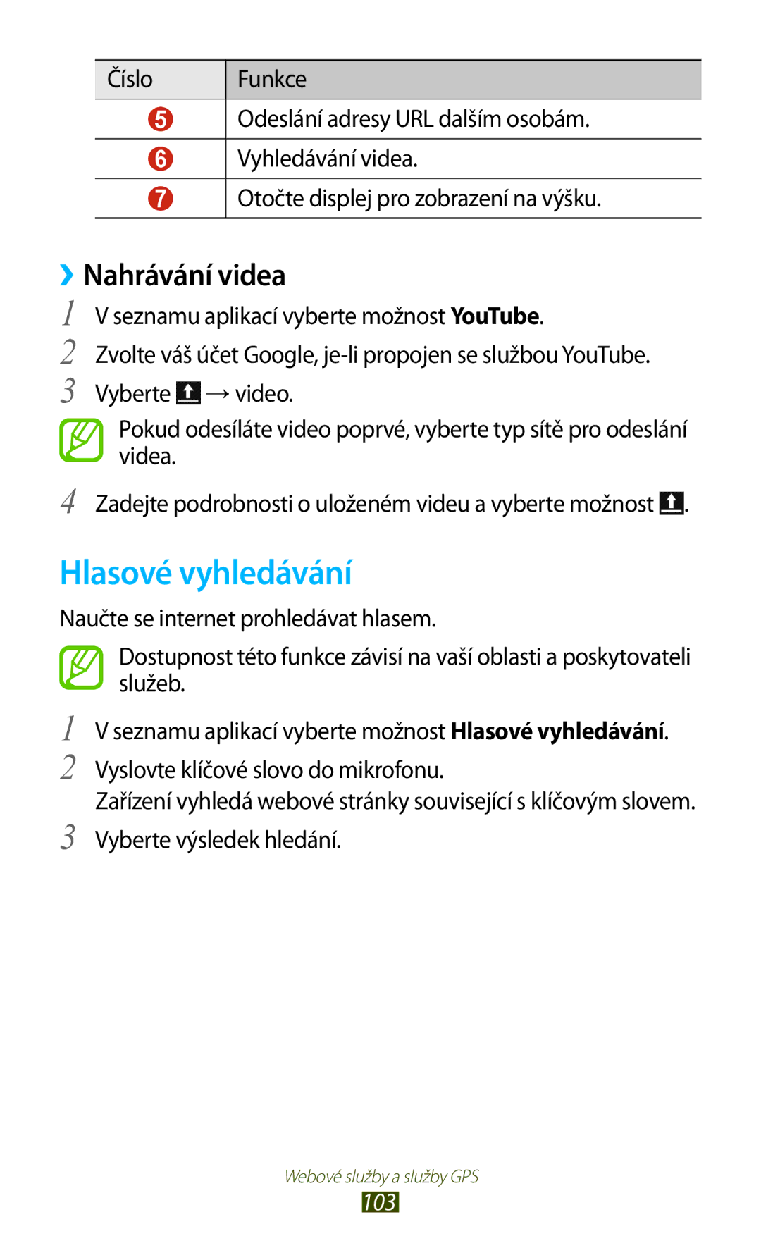 Samsung GT-I8160ZWPO2C, GT-I8160OKPO2C, GT2I8160ZWPXEZ, GT2I8160ZWPO2C manual Hlasové vyhledávání, ››Nahrávání videa, 103 